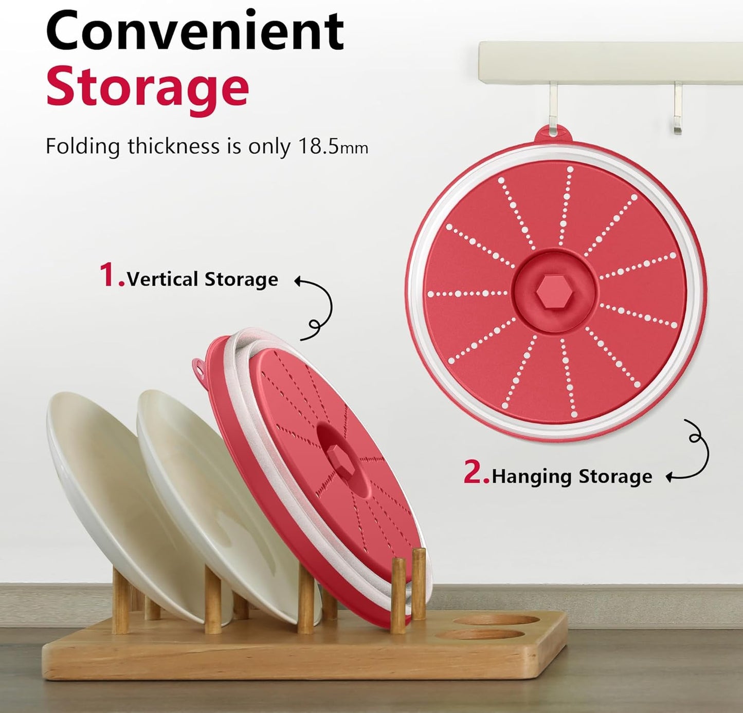 WVM Microwave Splatter Cover Vented for Food with Hook Hole, Splatter Guard & Colander Kitchen Gadget for Food, Meal Prep, Red