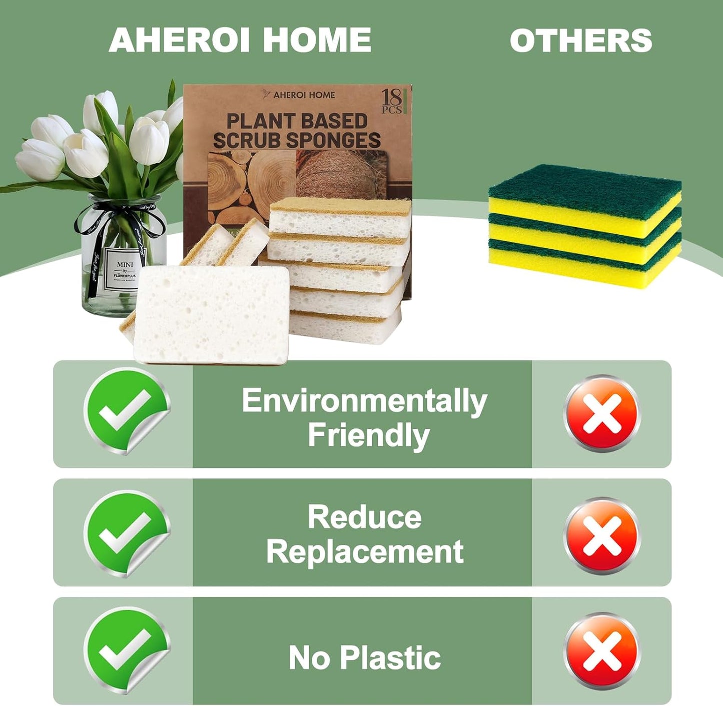 Aheroi Natural Dish Sponge, 18 Count Plant-Based Biodegradable Kitchen Sponges for Dishes, Compostable Eco Friendly Sponges, Organic Cleaning Sponge Dish Scrubber Products for Household, Non Scratch