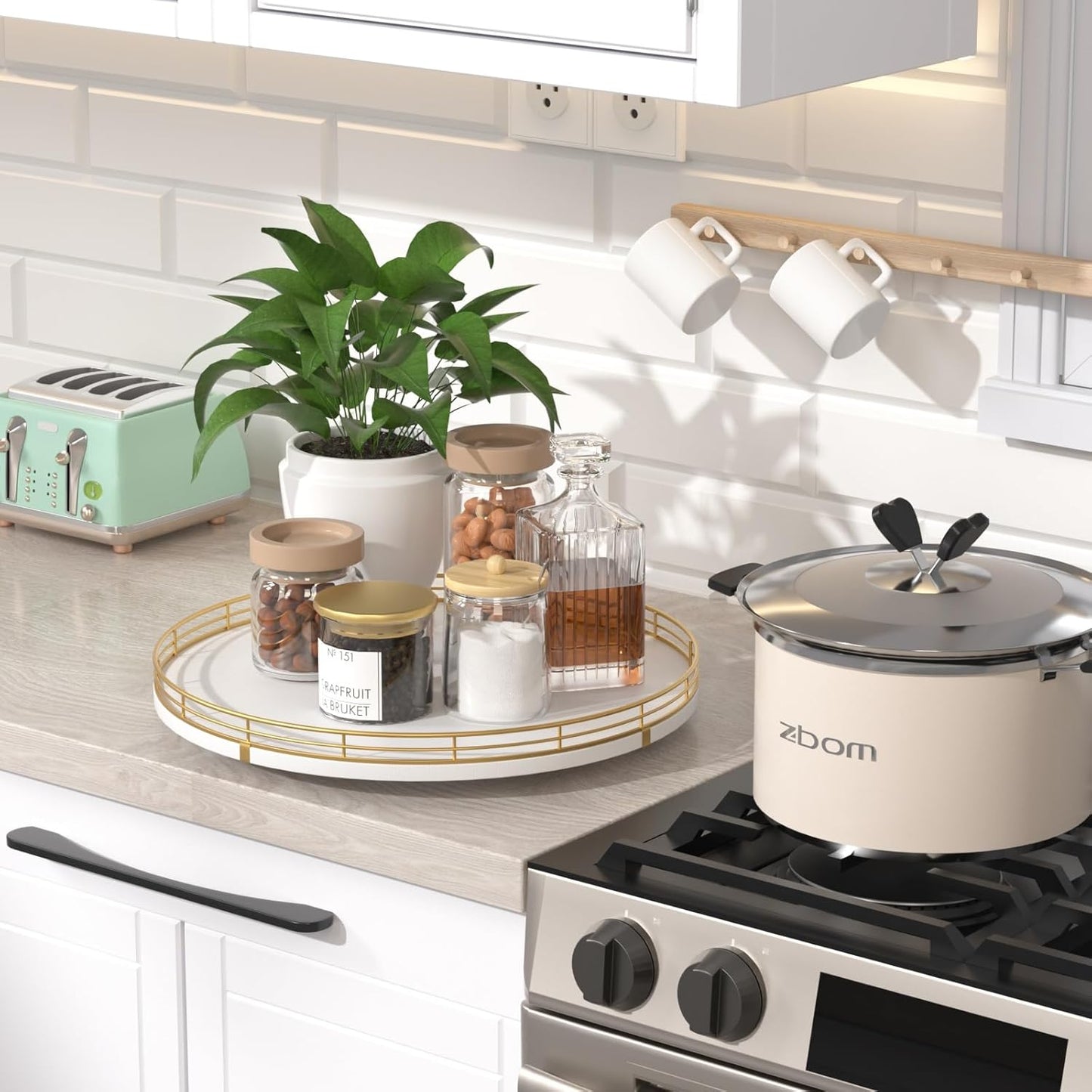 13“ Wooden Lazy Susan Turntable for Cabinet – Round Rotating Spice Rack Organizer, White Kitchen Countertop Tray for Dining Table & Pantry Storage (White & Gold)