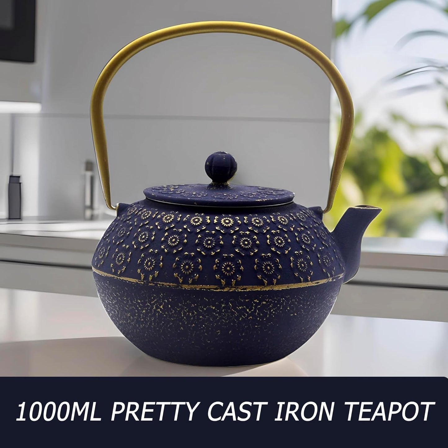 33.8oz Small Cast Iron Tea Kettle for Stovetop, Japanese Tetsubin Tea Pot Coated with Enameled Interior, Durable Cast Iron Teapot with Stainless Steel Infuser for Loose Tea and Tea Bags(1000ml)
