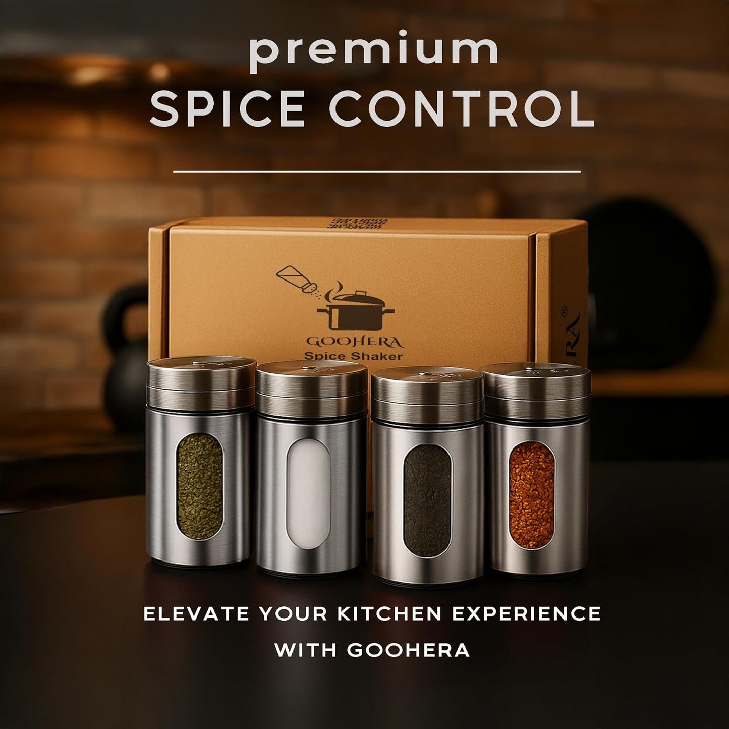 4-Piece Premium Stainless Steel Salt and Pepper Shakers Set – Adjustable Pour Holes Spice Dispenser for Salt, Sugar, Cinnamon, and Pepper – Stylish Kitchen Seasoning and Spice Shaker Set