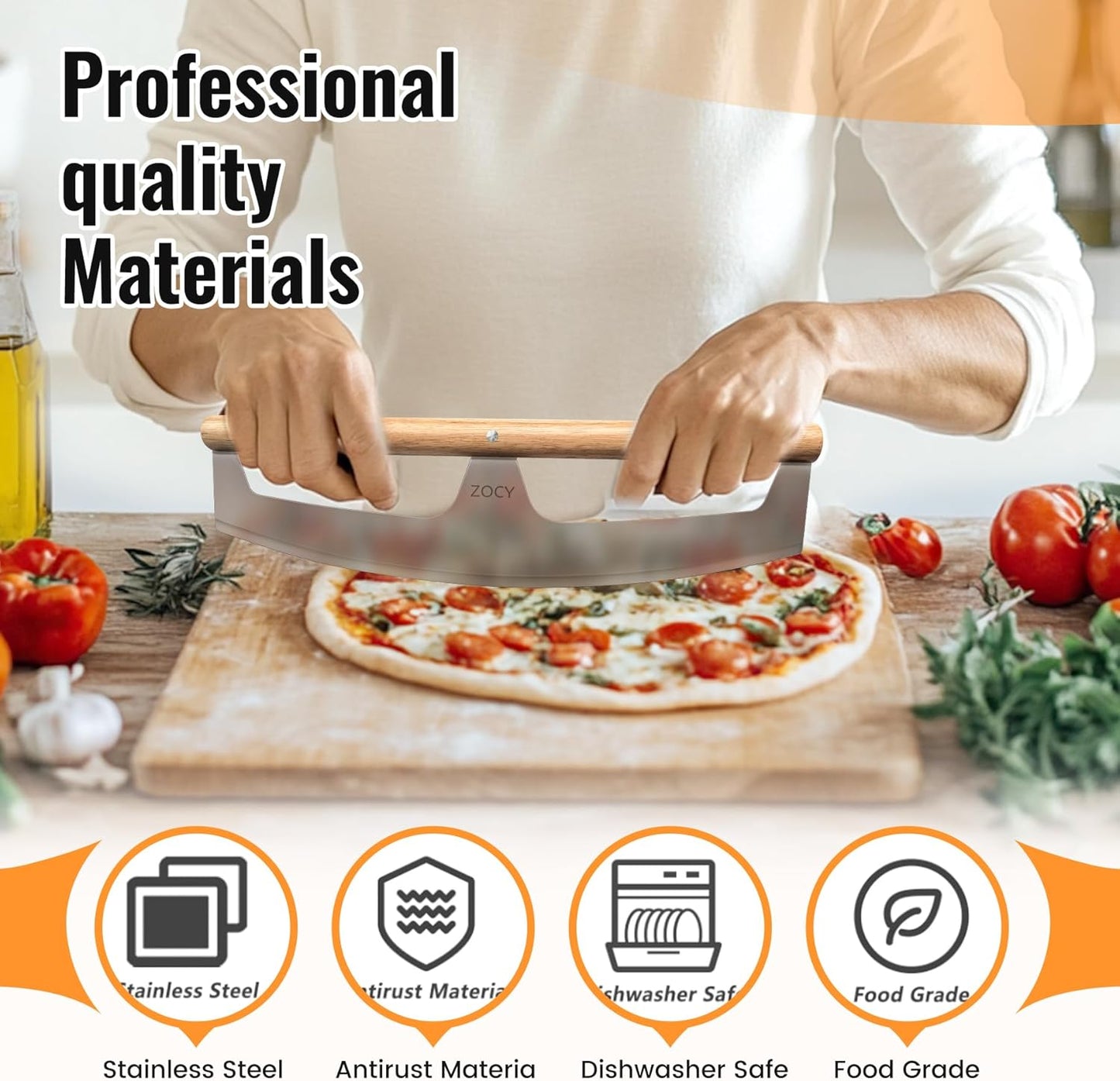 Pizza Cutter Rocker with Wooden Handles & Protective Cover by Zocy, 16" Sharp Stainless Steel Pizza Slicer Wheel, Big Pizza Knife Cutters for Kitchen Tool (16inch)