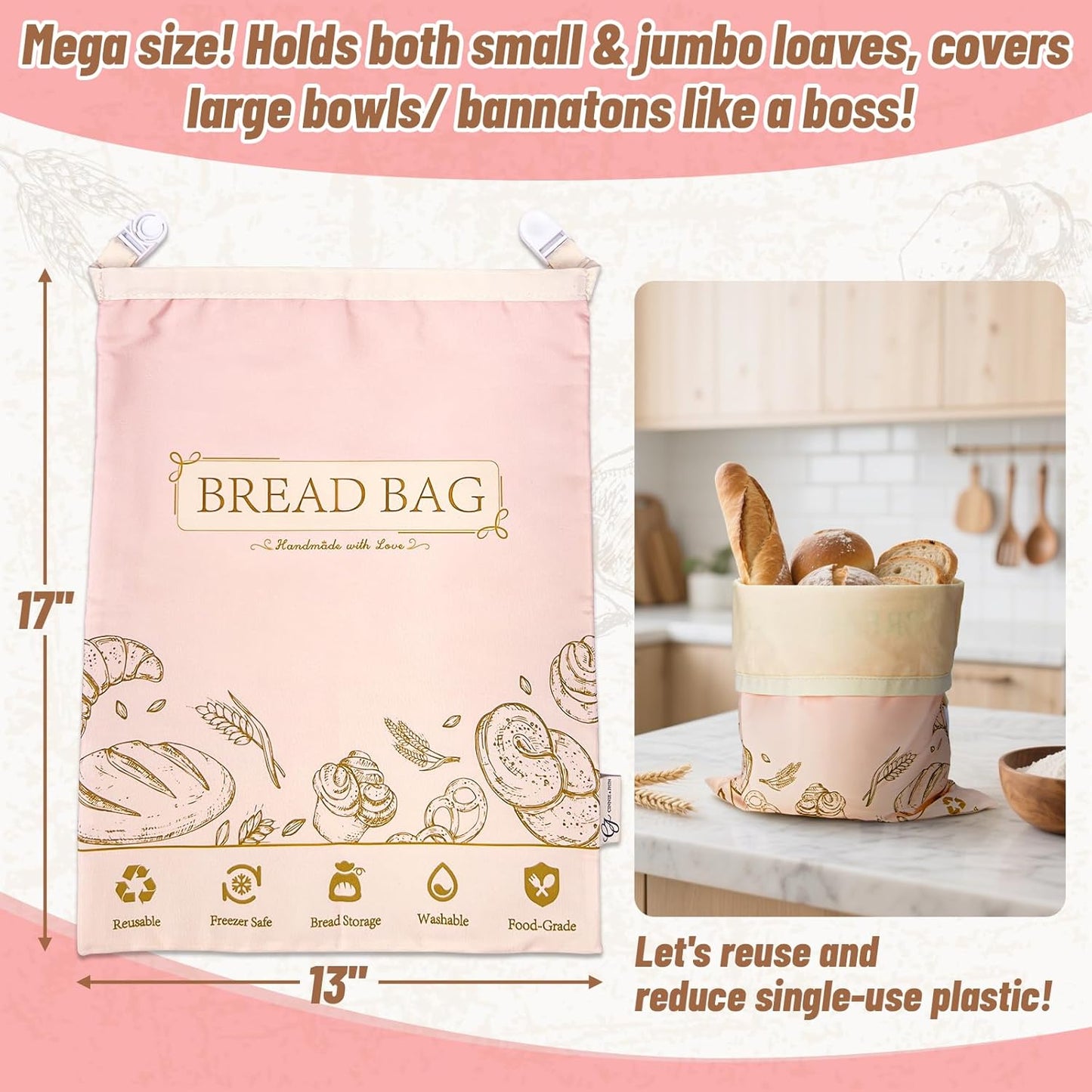 Pink Reusable Beeswax Bread Bag, 2 Pack, 13”x17” XL Cotton Fabric Bread Storage Solution, Eco-Friendly & Freezer Safe, Keep Breads Fresh Longer, Gift idea for women