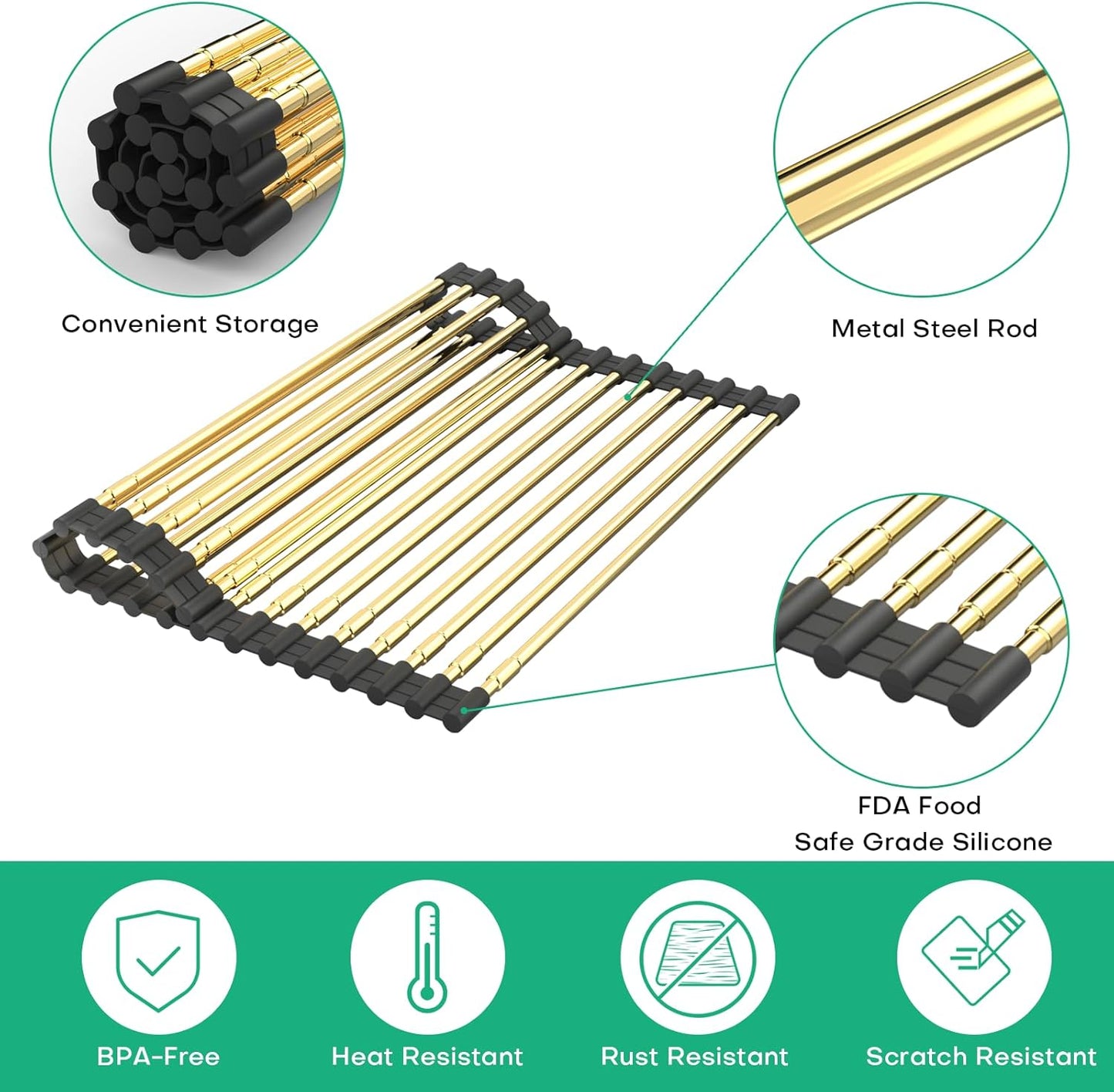 Large Telescopic Draining Rack, Gold Roll Up Heat-Resistant Dish Drainer for Stainless Steel Sinks, Non-Slip Silicone Rolling Dish Drainer Roll Rack 18 tube12.59-21.25x12.79''