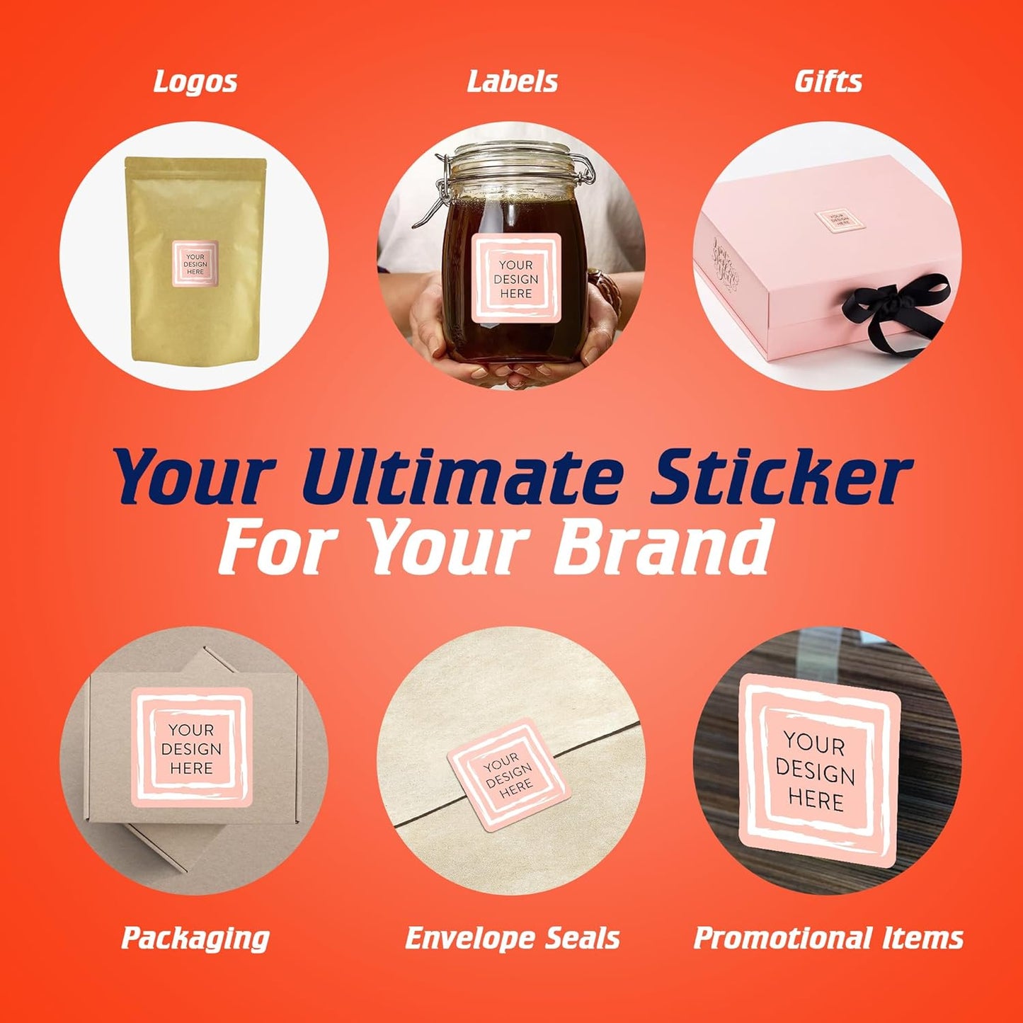 100 Custom Vinyl Stickers - Upload Your own Image, Text, Design, Logo - Personalized Logo Labels for Handmade, Packaging, Bottle, Jars, Candle, Brand Stickers (Peach, 1.5x1.5 Square)