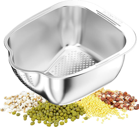 Rice Washer Strainer Bowl, Stainless Steel Washing Bowl whit Side Drainers, Versatile Square Quinoa Colander for Cleaning Rinsing Fruits, Vegetables, and Beans - Multifunctional Drain Basket