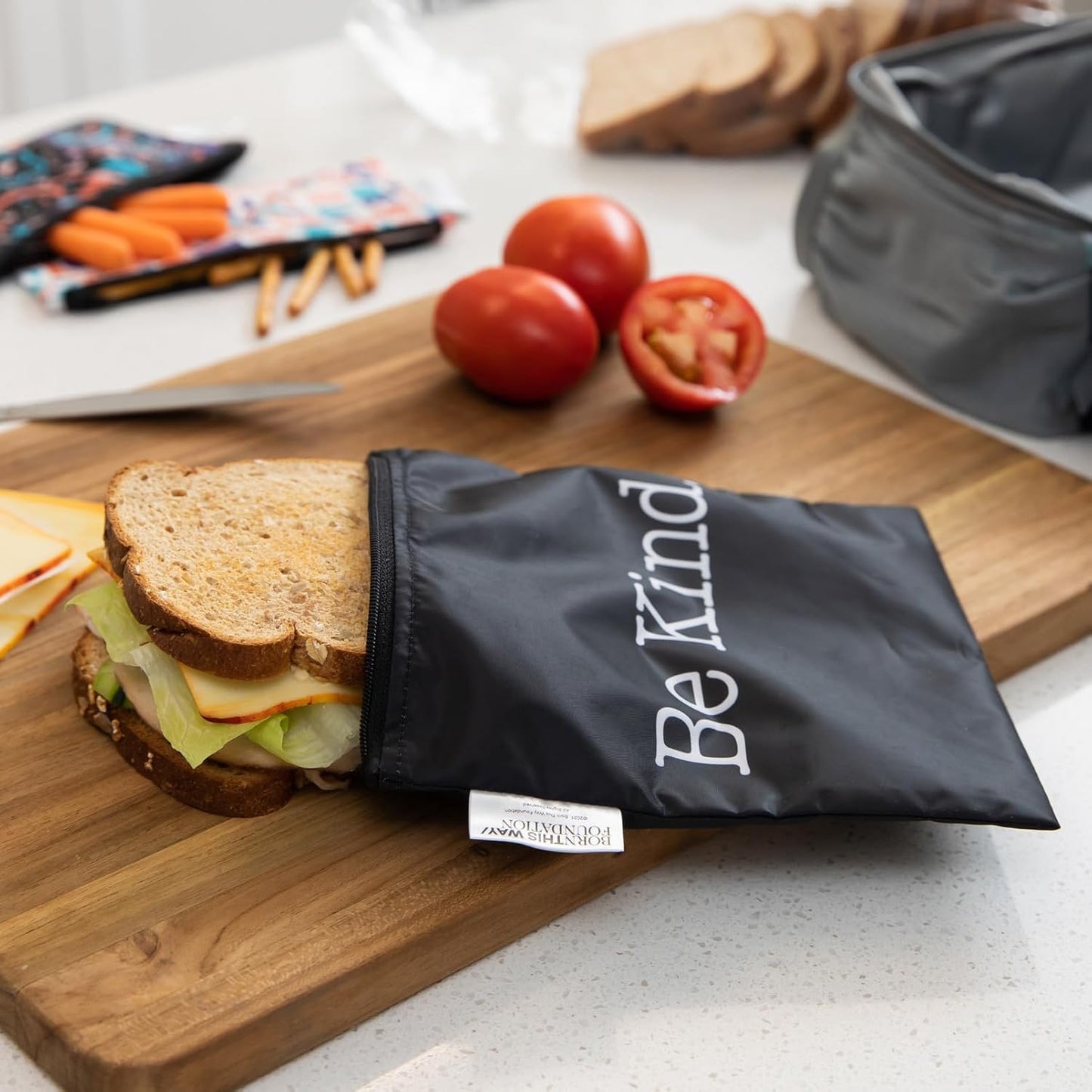 Bumkins - Cloth Snack & Sandwich Bags - For Storage, Travel, Food Prep, Lunch - Reusable, Water Resistant, Washable, Dishwasher Safe - Snack Bags for Kids - Zipper Closure - BTWF Be Kind - 4 Pack