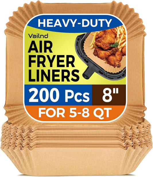 Air Fryer Paper Liners, 200pcs Air Fryer Liners Disposable, 8" Square Baking Liner for 5-8 qt Airfryer Basket, Non-stick and Oil Proof Parchment Paper for Oven, Pans & Baking