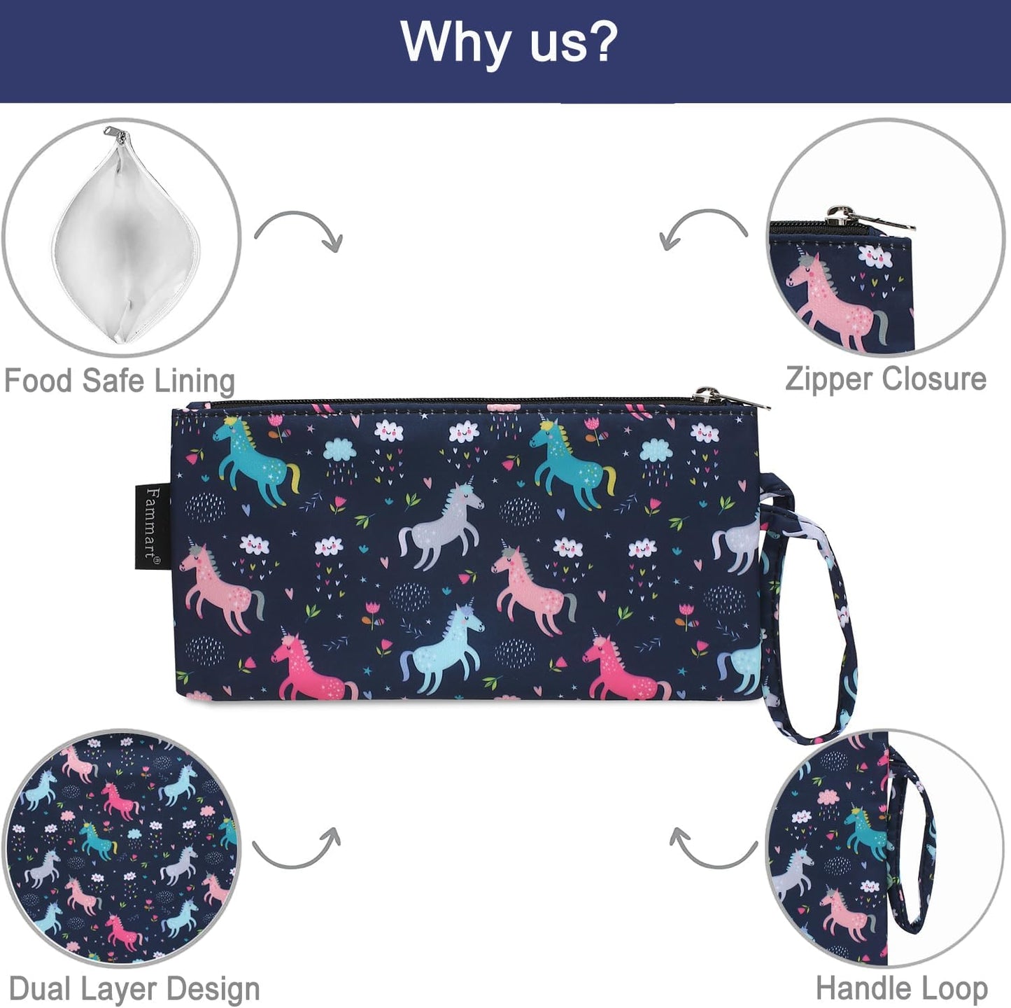 Reusable Sandwich Bag/Snack Bag for Kids & Adults, Dual Layer Lunch Bag with Handle, Washable, Food Safe, BPA Free (2-Pack, Colorful Unicorn)