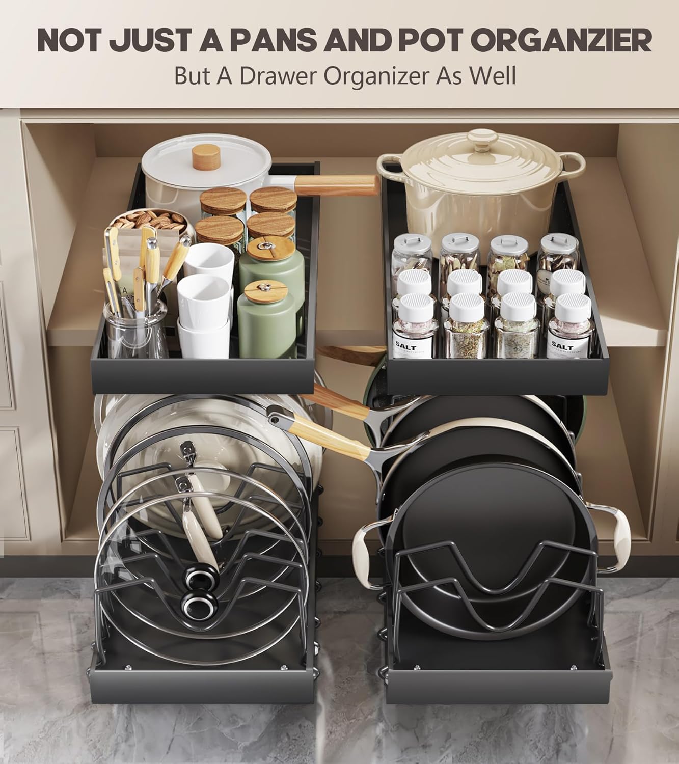 Pull Out Pots and Pans Organizer Under Cabinet, Sliding Lid Holder and Pan Rack in Kitchen, Slide Out inside Cabinet Storage for Pot Lid, Bakeware, Dishes, 8 Adjustable Dividers, 1 Pack Black