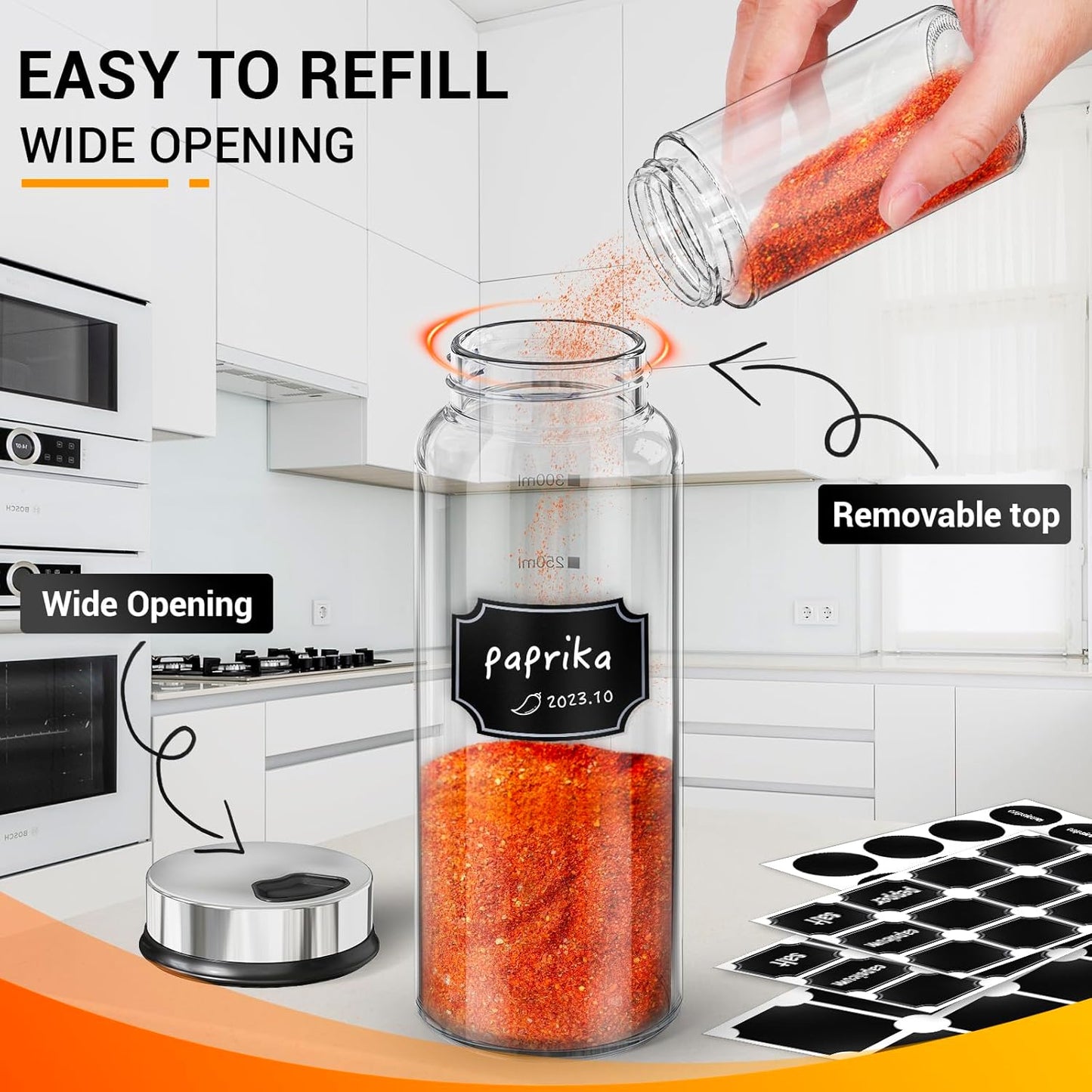 Segarty Glass Spice Jars, 3 Pack 10oz Large Spice Jar with Labels, Spice Container with Adjustable Shaker Lids, Salt Pepper Shakers Set Seasoning Bottles with 136 Stickers, 1 Chalk Marker and 1 Brush