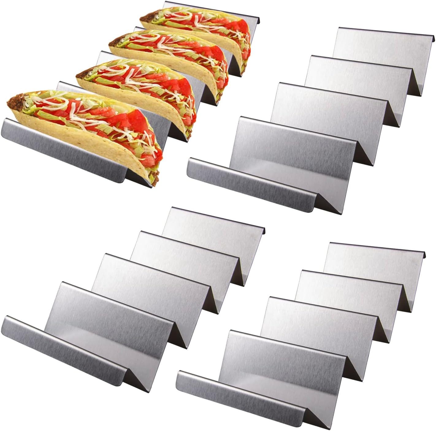 Taco Holders - Stainless Steel Taco Stand Rack Hold Up to 4, Taco Holder Tray Style, Taco Rack Holds Oven Safe for Baking, Dishwasher and Grill Safe Taco Racks Pack 4