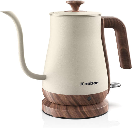 Gooseneck Electric Kettle Beige, 1000W Electric Tea Kettle Stainless Steel, Pour Over kettle for Coffee, Wood-like Grain Finish Handle, Hot Water Kettle, Auto Shut Off, 0.8L, Beige