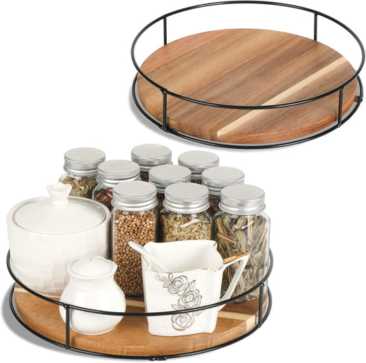 [ 2 Pack ] 10" & 11" Acacia Wood Lazy Susan Organizers with Steel Sides, Lazy Susan Turntable for Cabinet, Kitchen Turntable Storage for Table, Countertop, Pantry
