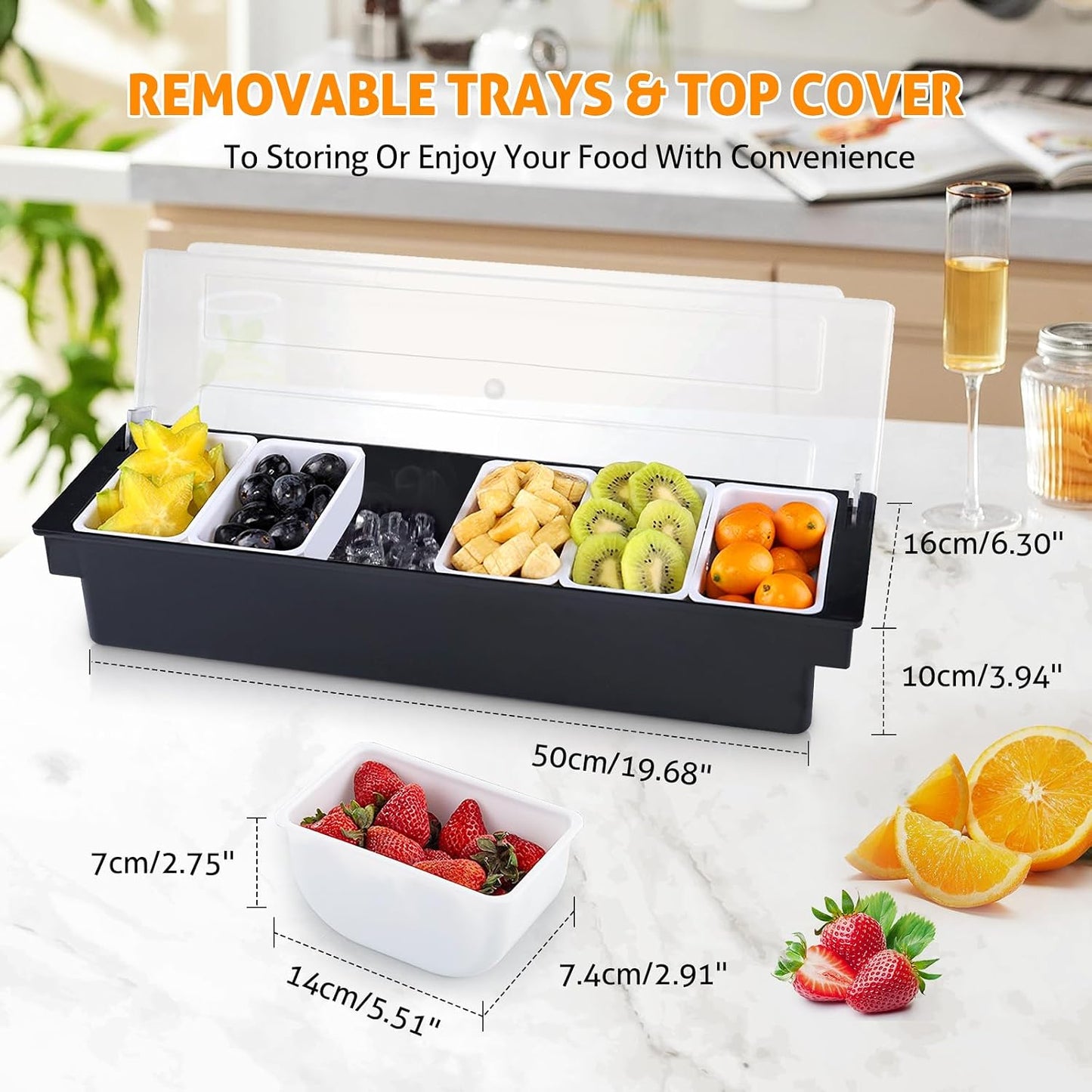 WICHEMI Fruit, Veggie & Condiment Caddy with Lid Dispenser Tray Plastic Garnish Station for Bartending & Serving Taco, Ice Cream, Salad Bar - Topping Organizer for Restaurant Supplies (6 Compartment)