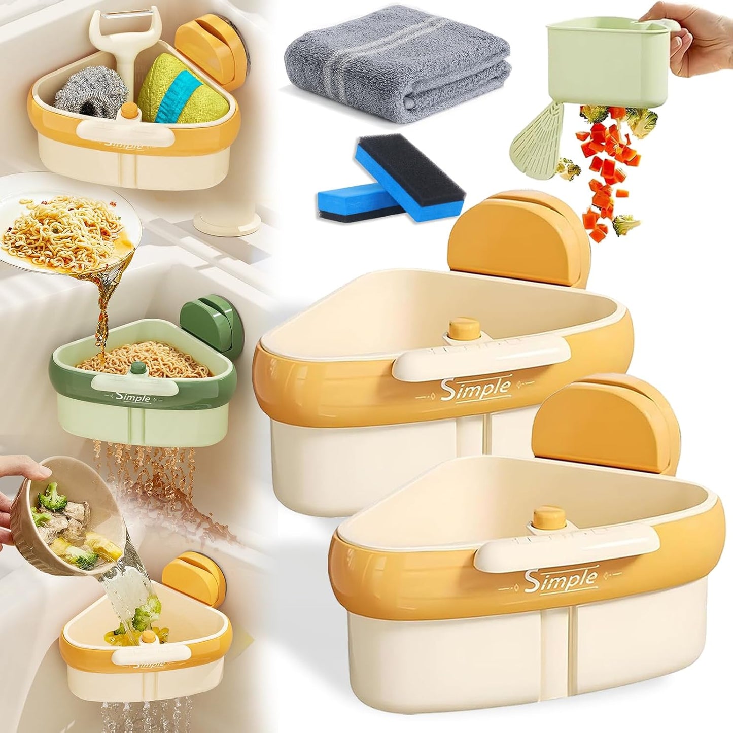 Suction Cup Sink Corner Rack, 2025 Upgraded Self-Cleaning Sink Strainer Basket, Removable Food Waste Catcher with Drain Hole, Say Goodbye to Gross Food Scraps and Smelly Sinks (2*Yellow)