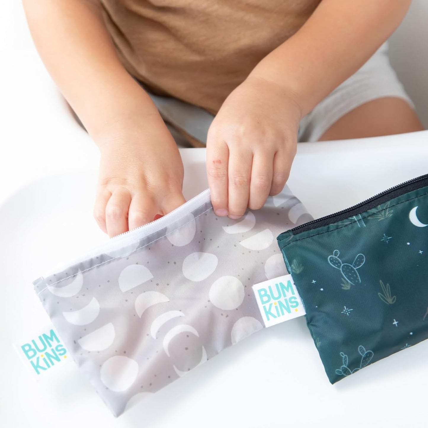 Bumkins - Cloth Snack & Sandwich Bags -For Storage, Travel, Food Prep, Lunch -Reusable, Water Resistant, Washable, Dishwasher Safe -Snack Bags for Kids -Zipper Closure -Desert Dk. Green & Gray -4 Pack