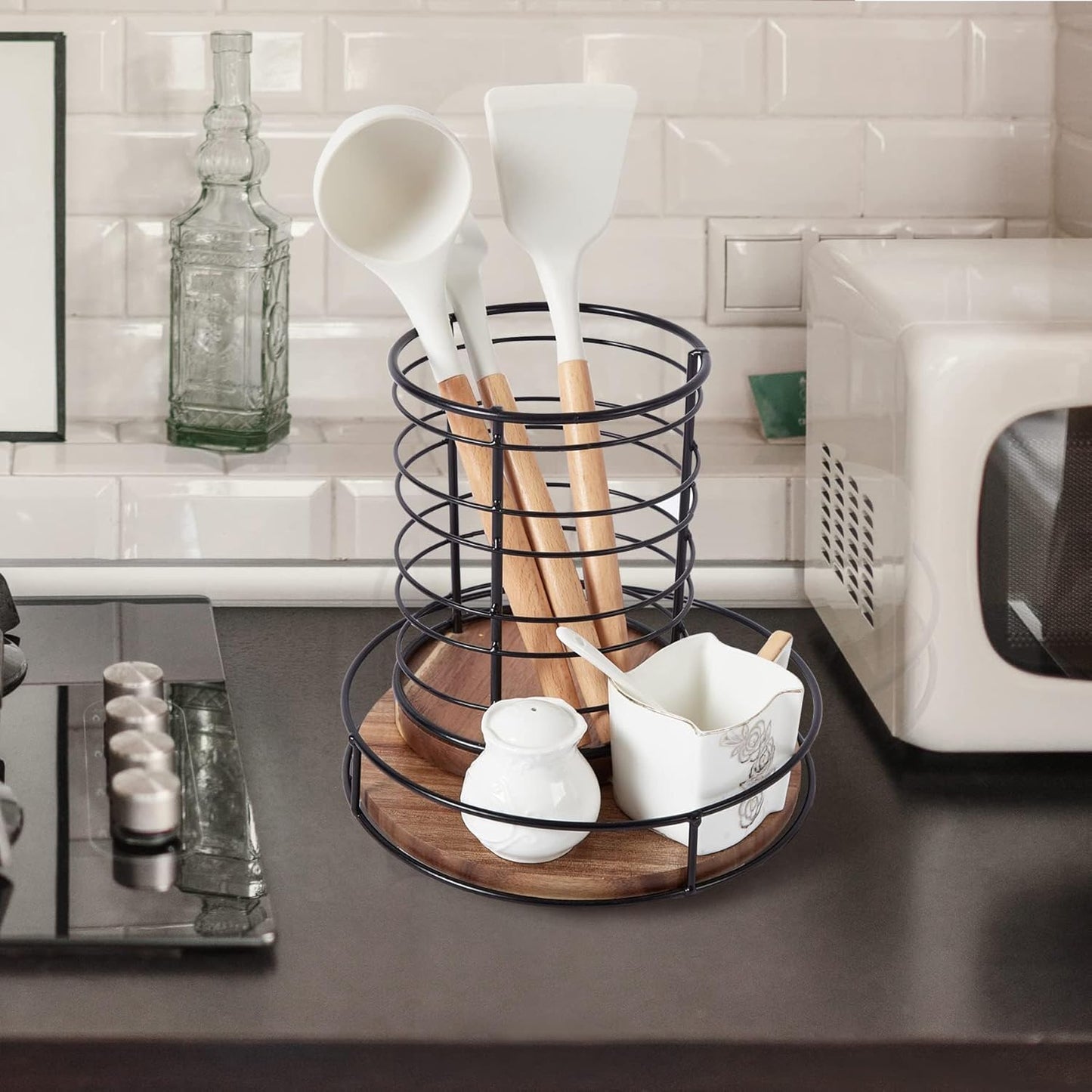 9" Acacia Wood Lazy Susan Turntable, Tomoaza Kitchen Organizer Turntable with Steel Sides, 360 Degree Lazy Susan for Countertop Cabinet or Dining Table