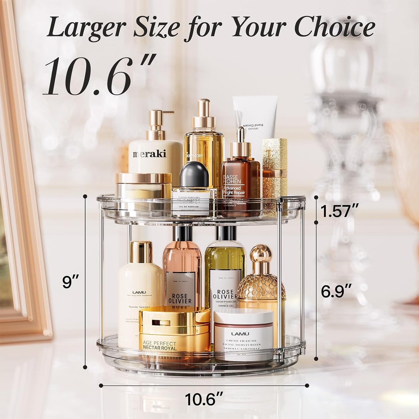 LAMU 2 Pack 2 Tier Lazy Susan Turntable Organizer 10.6'' Rotating Spice Rack Organization for Cabinet, Kitchen, Pantry, Countertop, Bathroom, Vanity, Medicine Cabinet Organizer, Grey