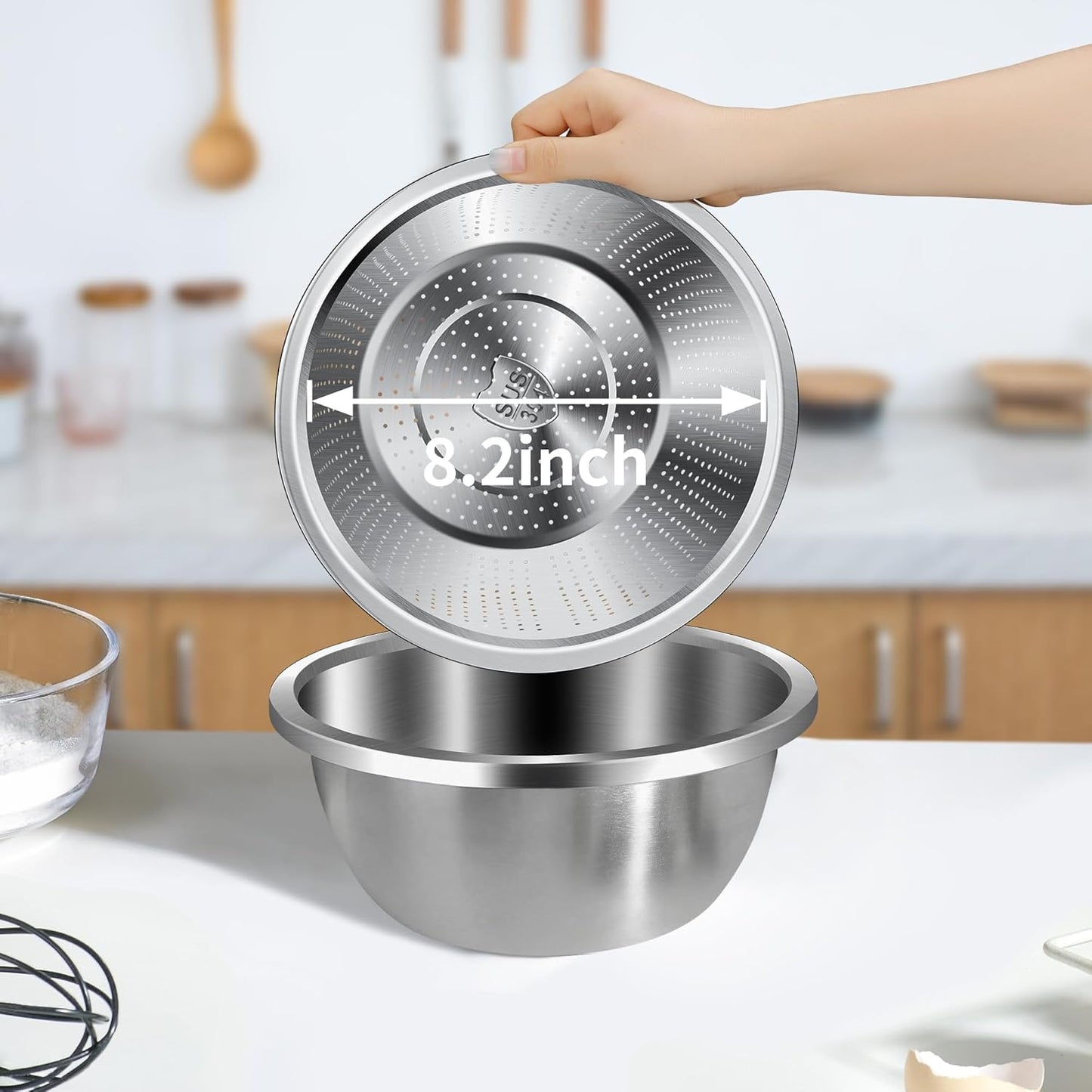 Colander 304 Stainless Steel 4-quart with Mixing Bowls, Strainer for Kitchen Food For washing vegetables, fruit, rice, Dishwasher Safe. (2PC)