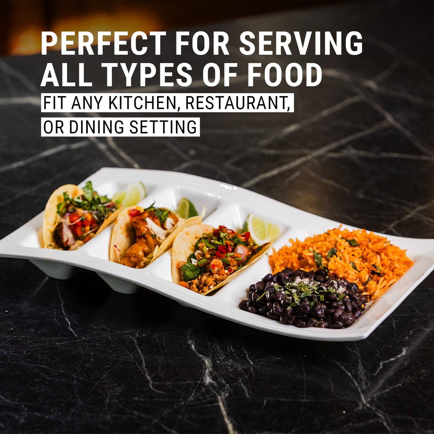 Stackable Taco Serving Plate with Dividers, Stylish China Taco Holder with 3 Slots & 1 Flat Section, Durable, Scratch-Resistant Dinner Dish for Tacos, Sushi, Appetizer, & More, Set of 2