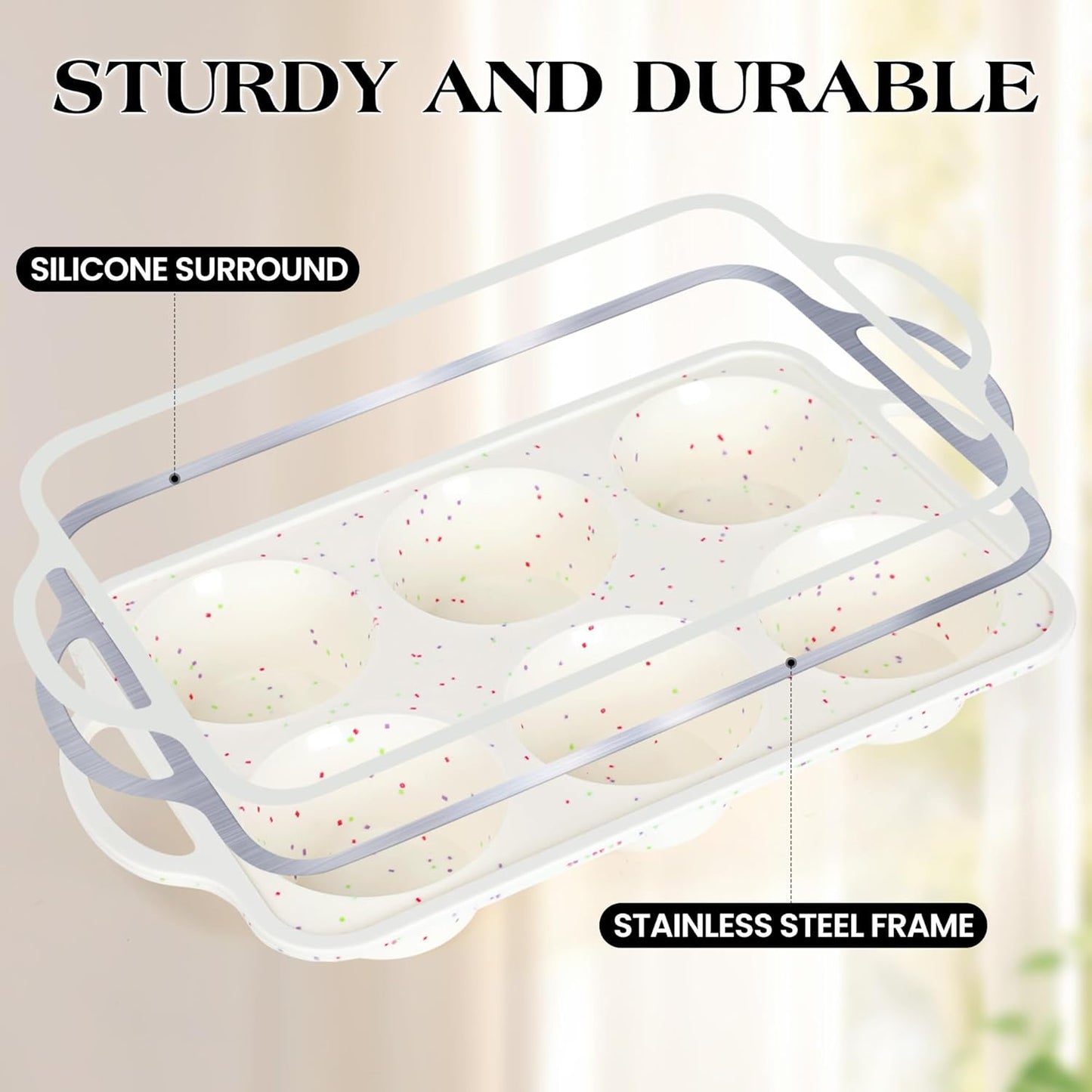 1 Pc Jumbo Muffin Pan with Metal Frame, Nonstick 6 Cup Extra Large Cupcake Pan for Baking, Silicone Deep Muffin Tray for Egg Bites (Cream)