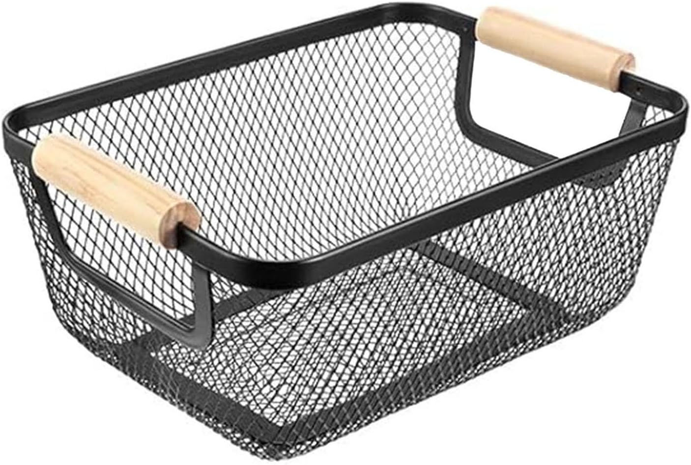 Metal Mesh Steel Basket, Small Wire Storage Organizer Basket Multi-function Hanging Kitchen Basket with Wood Handle for Kitchen Bathroom Picnic Home, Rectangle-Black