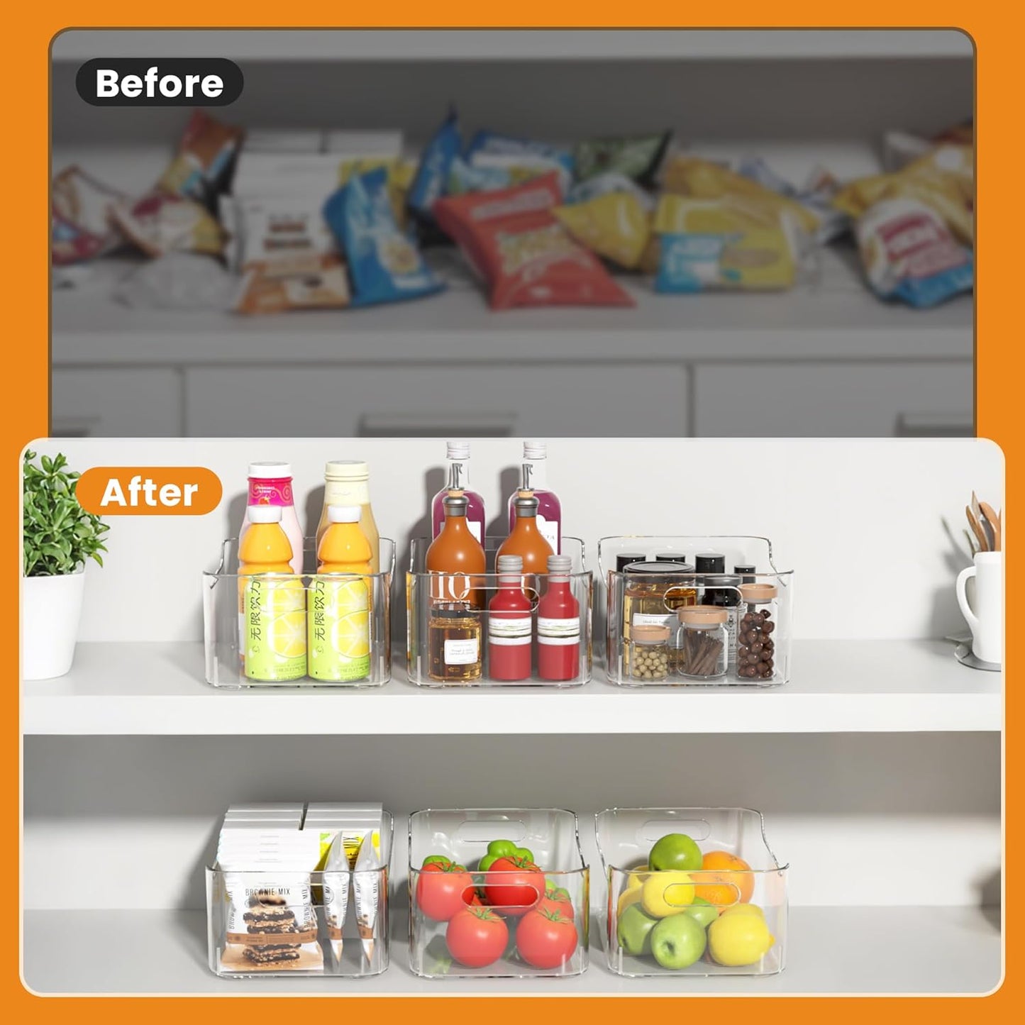 Clear Plastic Storage Bins-Pantry Organizers & Storage Containers-Refrigerator Organizer Bins with Handle - Home Organization Must Haves for Kitchen(Clear 4 Pack-Large)