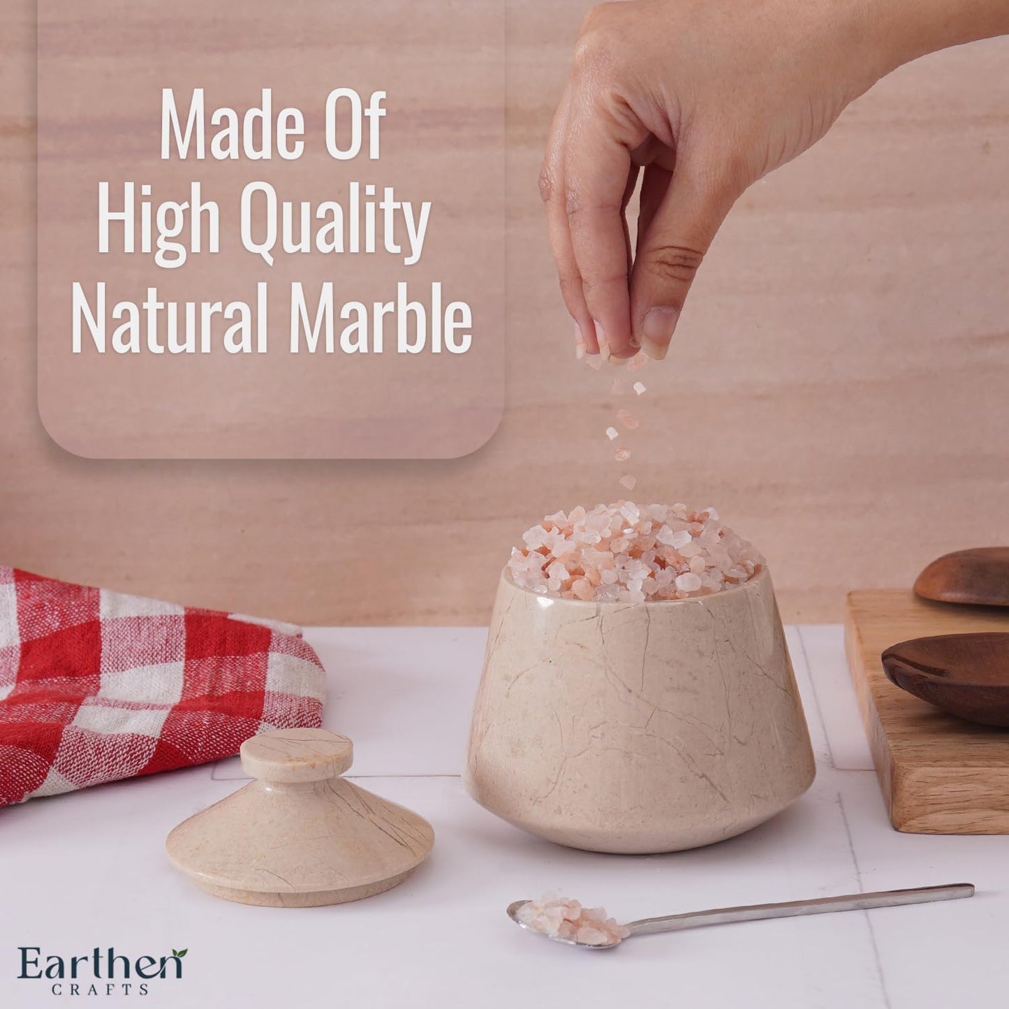 Marble Salt Cellar 4" Inches Salt Jar, Verona Natural Stone Spice and Flaky Salt Holder with Lid For Kitchen Storage, Decorative Brown Sugar Keeper