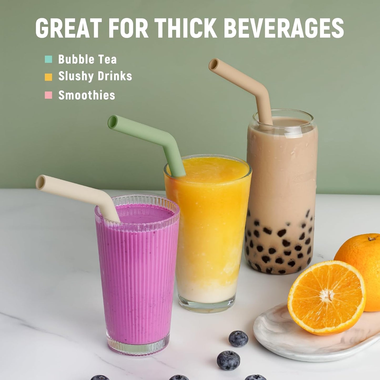 NiHome 6PCS Extra Wide Reusable Bent Silicone Straws for Boba, Smoothies, Bubble Tea, Eco-Friendly Bent Straws for Thick Drinks, Child-Safe, Customizable Length, 2 Brushes for Cleaning (Nature Colors)