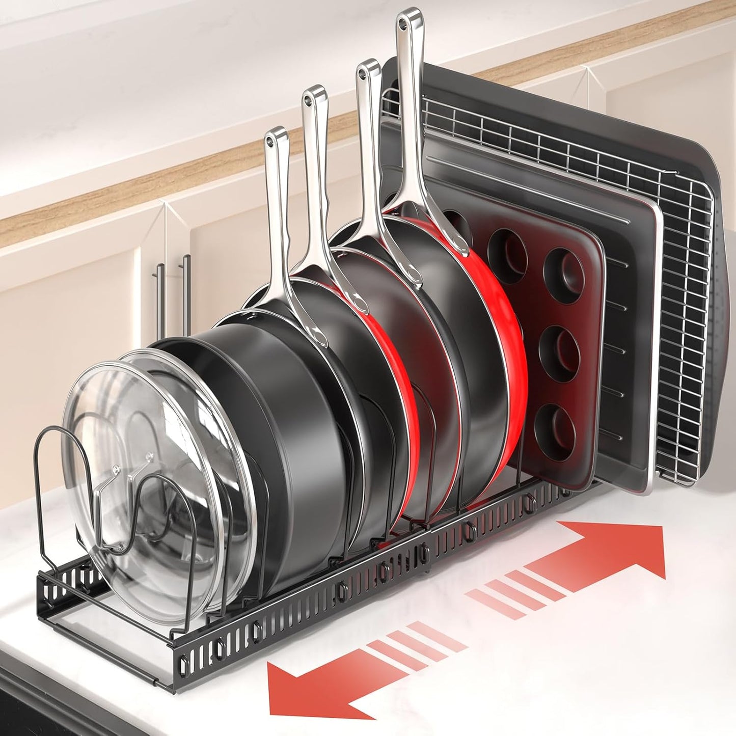 ORDORA Pots and Pans Organizer under Cabinet with Pan Holder: Expandable 11.8"-22.8" Kitchen Cabinet Organizer Rack, 12 Adjustable Dividers Storage for Cookie Sheets, Cutting Boards & Lid Cookware