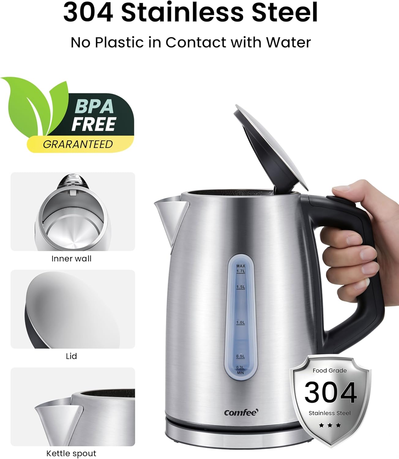 COMFEE' Stainless Steel Electric Kettle, Temperature Control with 6 Presets, 1-Hr Keep Warm, Kettle Water Boiler 1.7 Litres, 1500W with Viewing Window, Auto-Off and Boil-Dry Protection