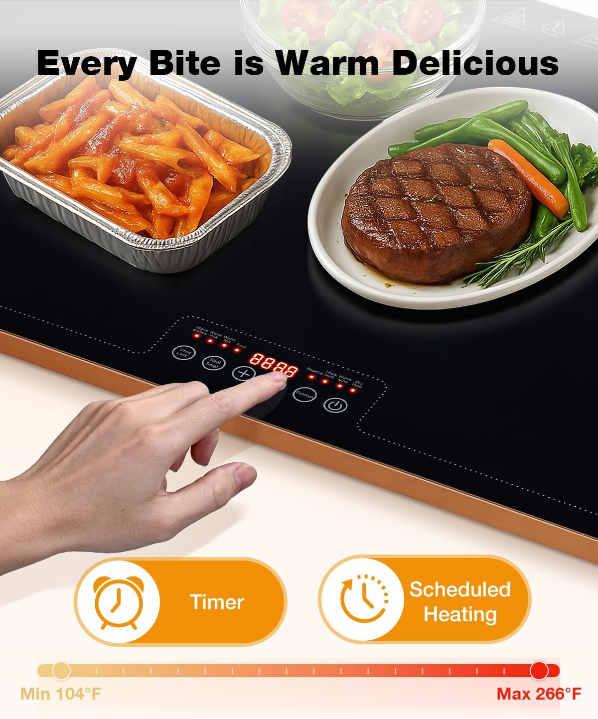 Electric Warming Tray (24''×16''), Adjustable Temperature, 10s Full Surface Heating, Smart Scheduling + Timer, Intelligent Digital Display, Food Warmer for Parties, Buffet, Home Use