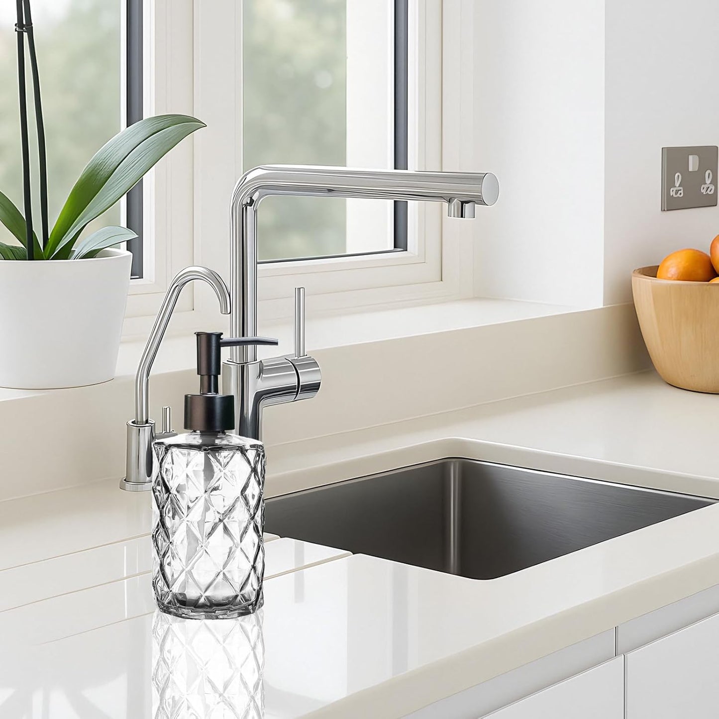 12Oz Small Glass Soap Dispenser with Black Plastic Pump, Clear Refillable Kitchen Countertop Liquid Hand Soap Dispensers with Diamond Design, Crystal Bathroom Lotion Bottle for Dispense Dish Soap