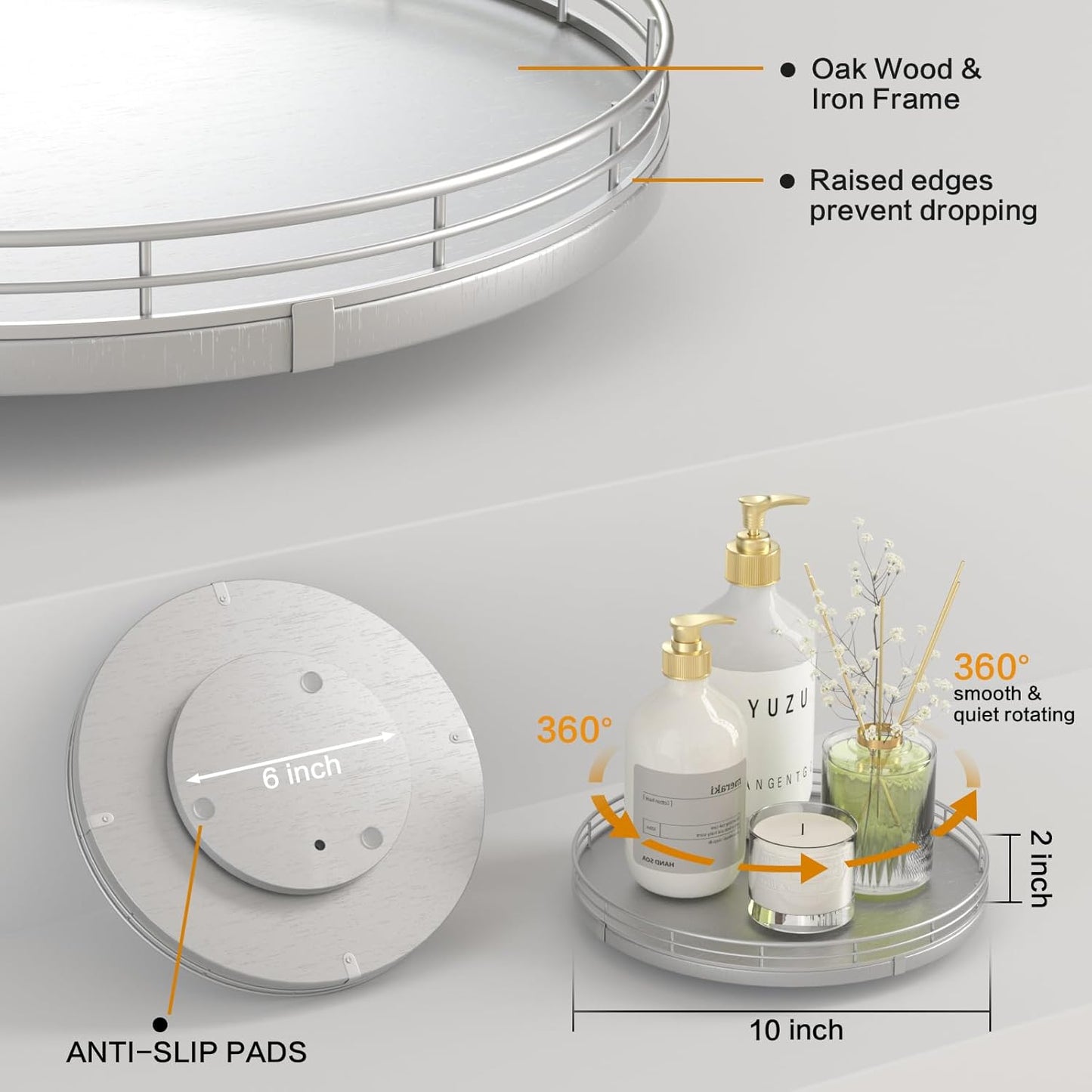 10" Silver Lazy Susan for Table Top, Oak Wood Lazy Susan Turntable Organizer for Dining Coffee Table Centerpiece Bar Decor Kitchen Countertop Bathroom Vanity Decorative Tray for Perfume Jewelry Round