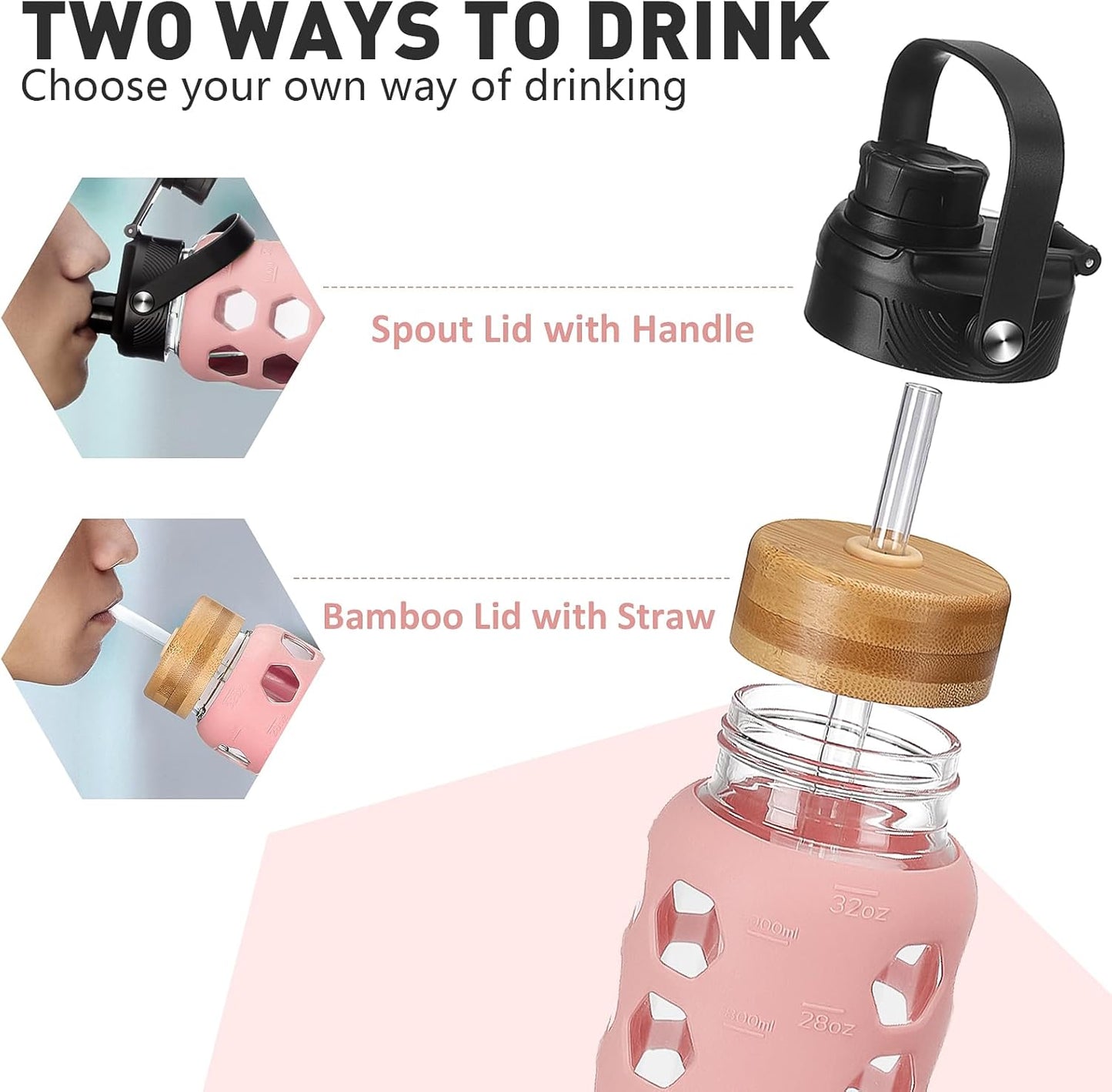 MUKOKO Glass Water Bottles, 24oz Glass Tumbler with Straw, Drinking Bottles with 2 Lids-Handle Spout Lid&Bamboo Straw Lid, Motivational Water Bottle with Time Marker and Silicone Sleeve, 1 Pack-Pink