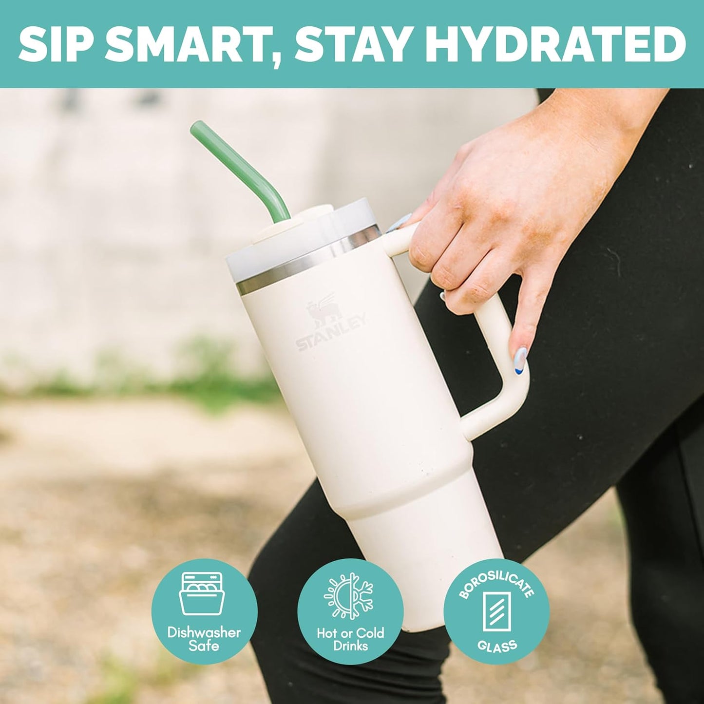 Simply Straws 12 Inch Glass Straws Bent (6-Pack) – Reusable Glass Straws for Stanley 40 Oz Tumbler, with Cleaning Brush – Durable, Dishwasher Safe, Hot & Cold Use, BPA-Free (Marble)