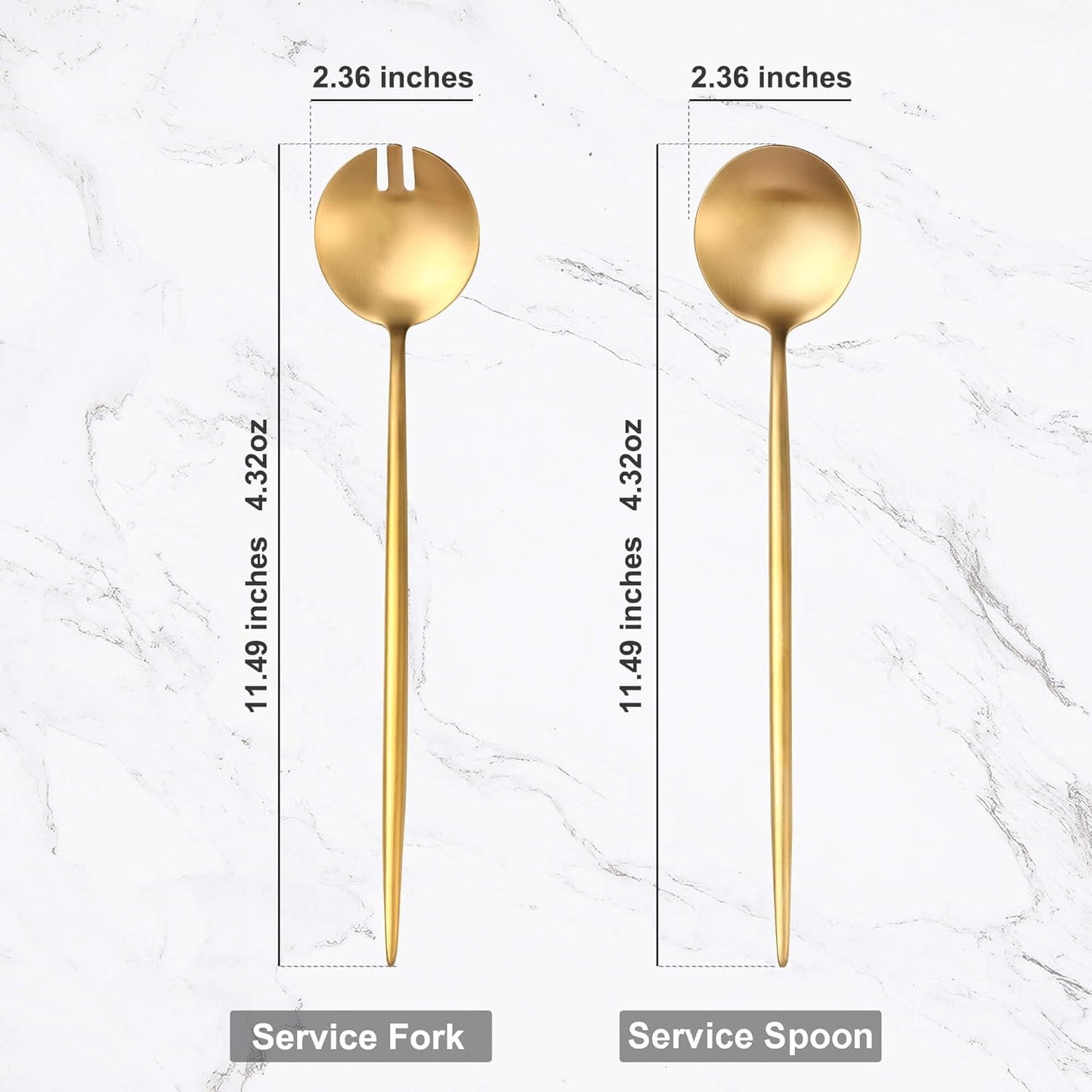 Gold Salad Serving Utensils,Serving Spoons Stainless Steel,2Pcs Long Handle Salad Servers 11.42 Inch,Salad Utensils for Serving,Matte Finish,Dishwasher Safe