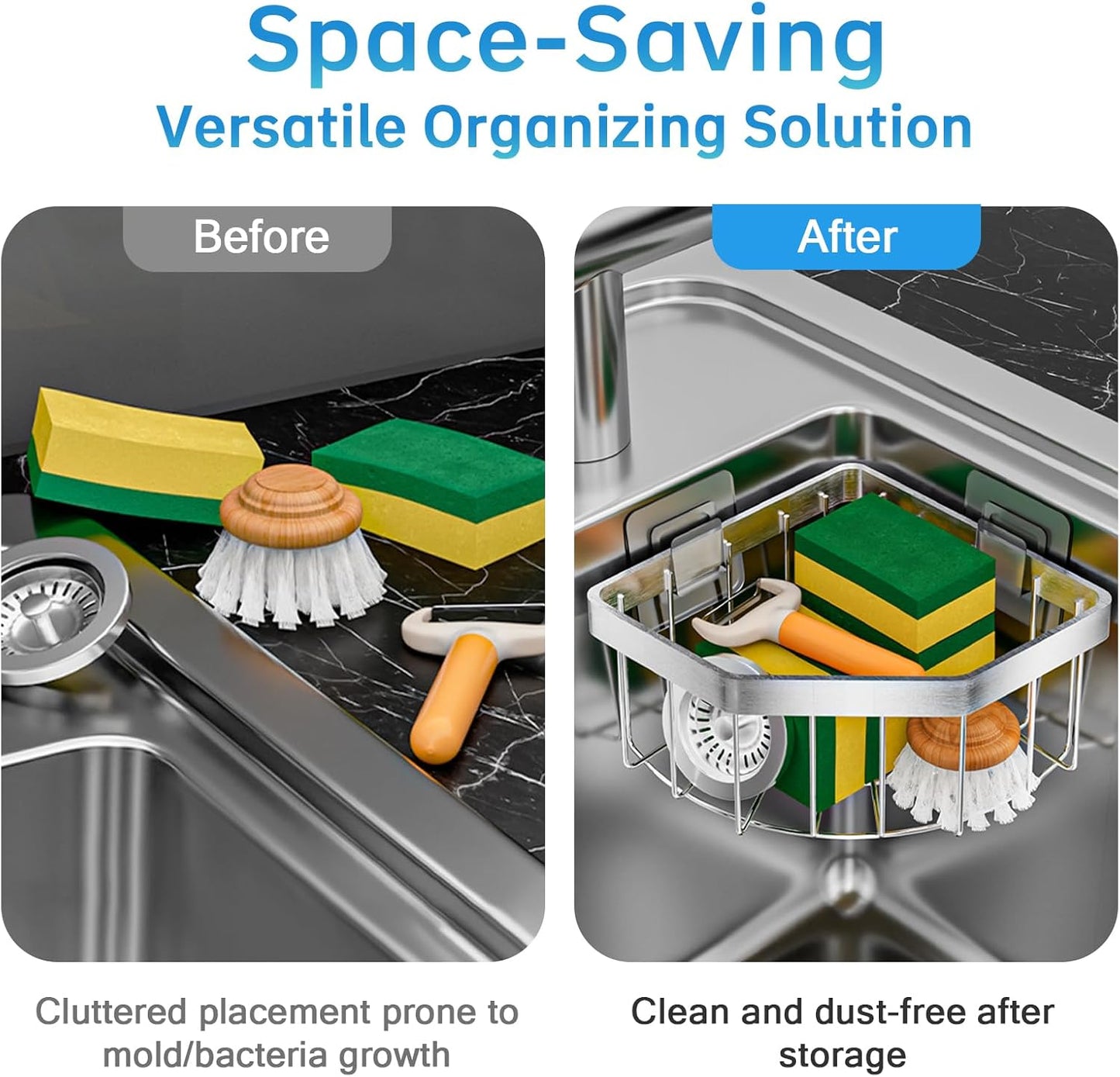 Sponge Holder Corner Sink Caddy Sink Organizer for Kitchen Bathroom Stainless Steel Triangle Soap Holder with 2 Pcs Adhesive Hook(L)