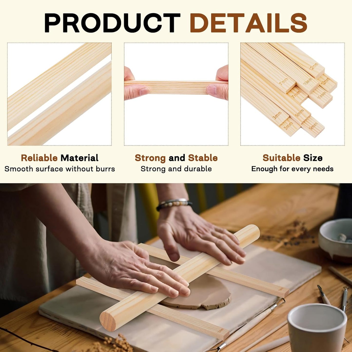 11 Pcs Pottery Rolling Pin Set, 5 Size Pottery Teaching Rolling Mud Stick Guide and Wooden Clay Roller, Pottery Tools for Precise Polymer Clay Thickness Measurement, Clay Tools Gifts Craft
