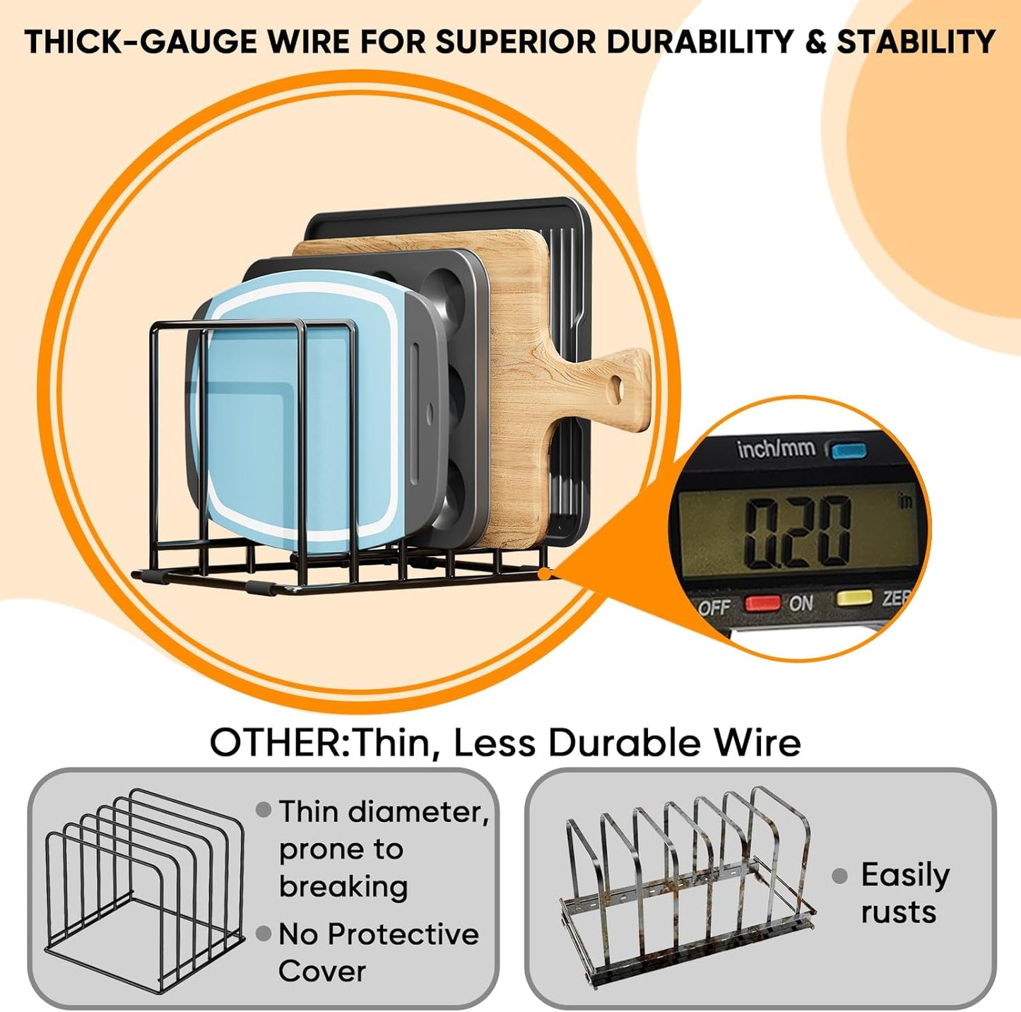 Baking Sheet Organizer Rack – 5-Slot Bakeware & Cookie Tray Holder for Kitchen Cabinet or Countertop, Compact Stainless Steel Cutting Board Rack with Rust-Resistant Frame & Anti-Slip Feet