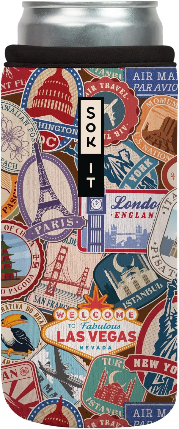 Sok It CanSok Sleeve for Beer & Soda Insulated Neoprene Cover (World Traveler, 12oz Slim Can Sleeve)