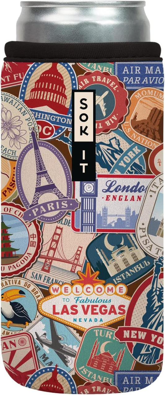 Sok It CanSok Sleeve for Beer & Soda Insulated Neoprene Cover (World Traveler, 12oz Slim Can Sleeve)