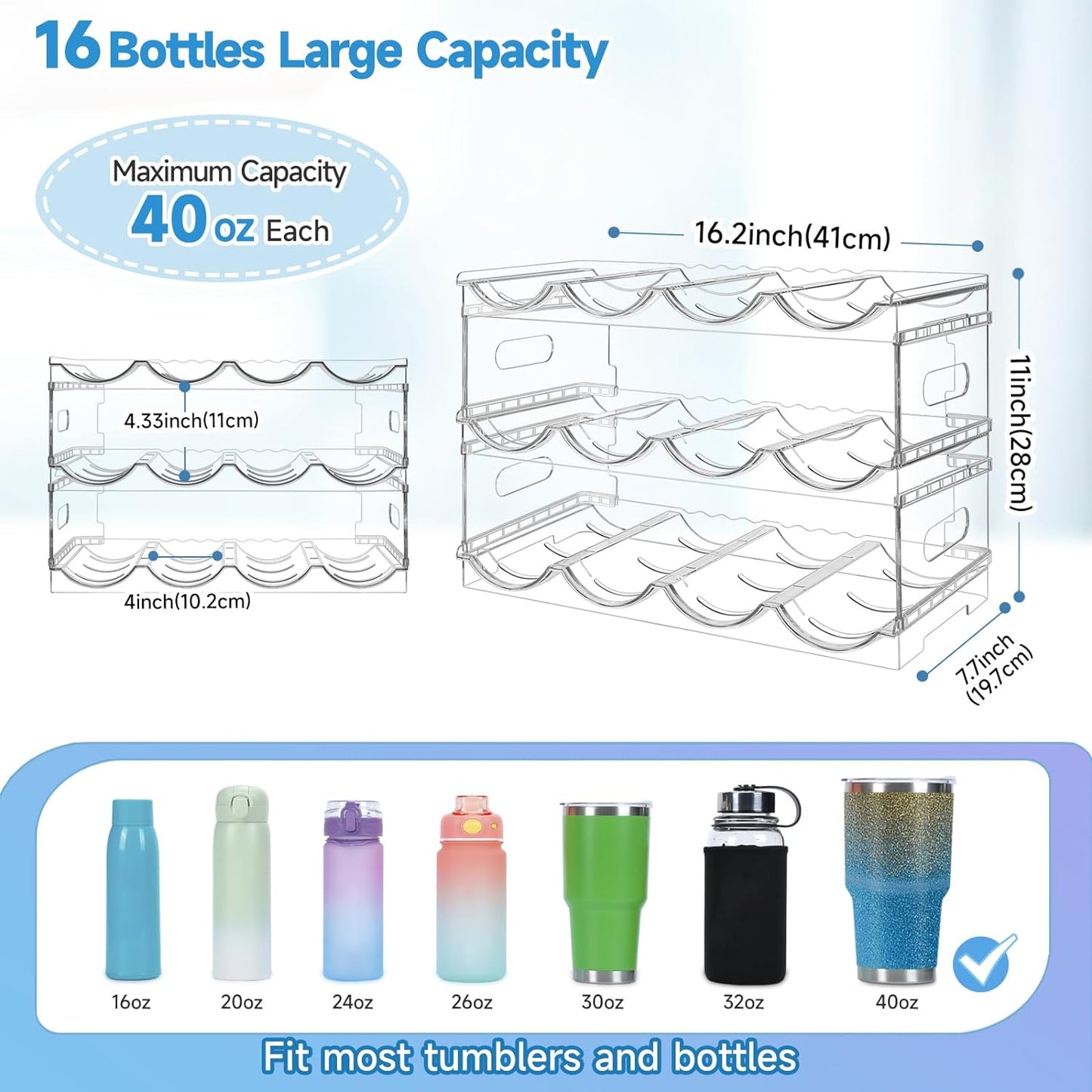 Large Compartment Water Bottle Organizer Rack,3 Pack Stackable Tumbler Storage for Kitchen Fridge Cabinet Organization and Storage,Wine/Drink/Water Bottle Storage Organizer