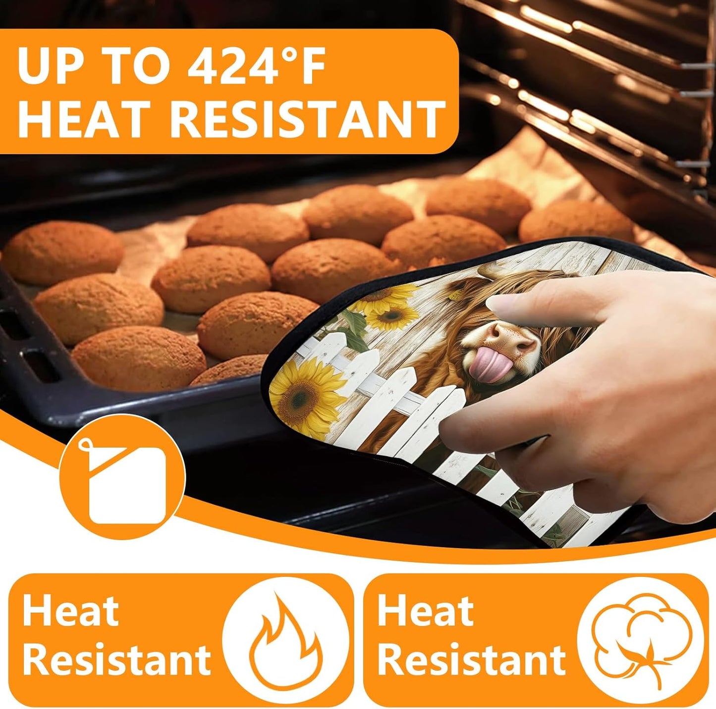 Sunflower Highland Cow Oven Mitts and Pot Holders Sets 4Pcs,Extra Long Oven Gloves Potholder for Kitchen Cooking Baking BBQ 100% Cotton Heat Resistant