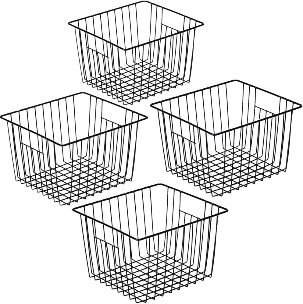 Slideep Refrigerator Freezer Organizer Wire Storage Basket, Farmhouse Food Wire Bins Container with Handles for Kitchen, Pantry, Freezer, Cabinet, Car, Bathroom Black 4 Pack