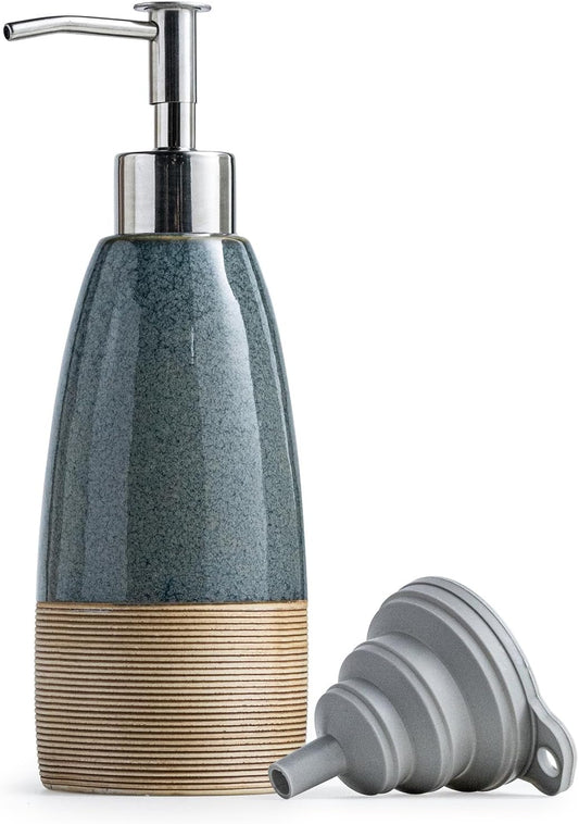 12 oz Dish Soap Dispenser with 2 Pumps, Ceramic Hand Soap Bottle for Shampoo, Body Wash, Lotion, Liquid Dispenser for Kitchen Countertop with Silicone Funnel, Blue
