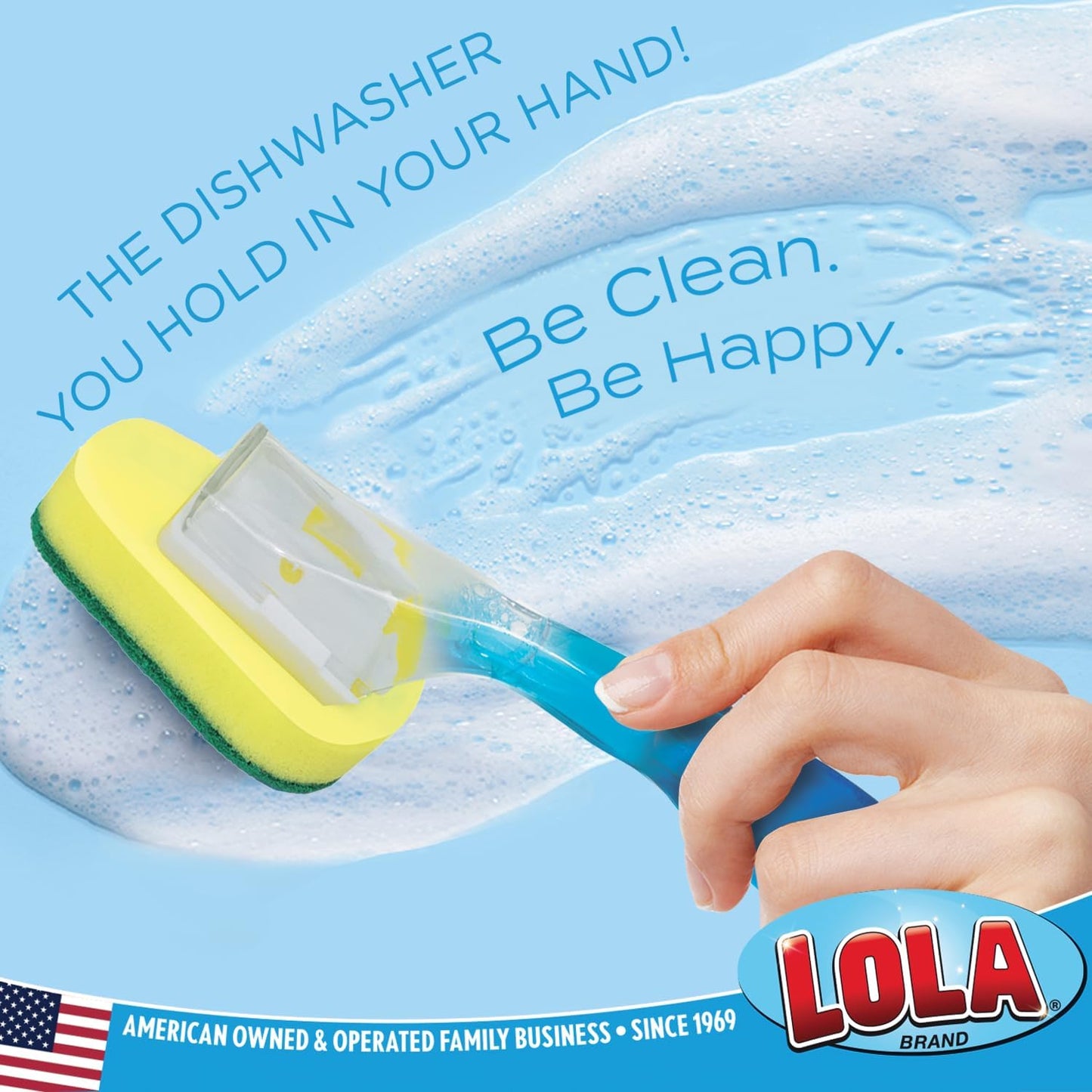 Lola Products Dish Brush w/Soap Dispenser Wand, Absorbent Sponge Scrubber, No Leaking. Clean Dishes, Sinks and Cookware, 1 Brush w/Head & 6 Refills