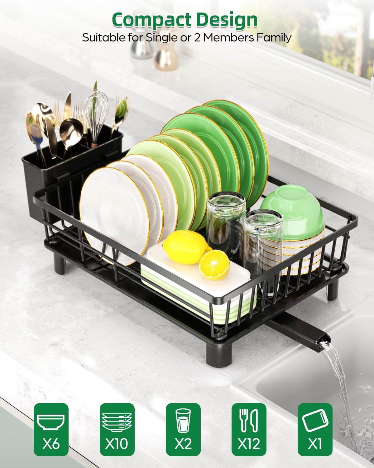 Dish Drying Rack for Kitchen Counter, Stainless Steel Drainer Anti Rust, Smart Drainage System Drainboard with Detachable Cutlery Holder, Handwash Dish Helper for Home, Apartment Space Saving
