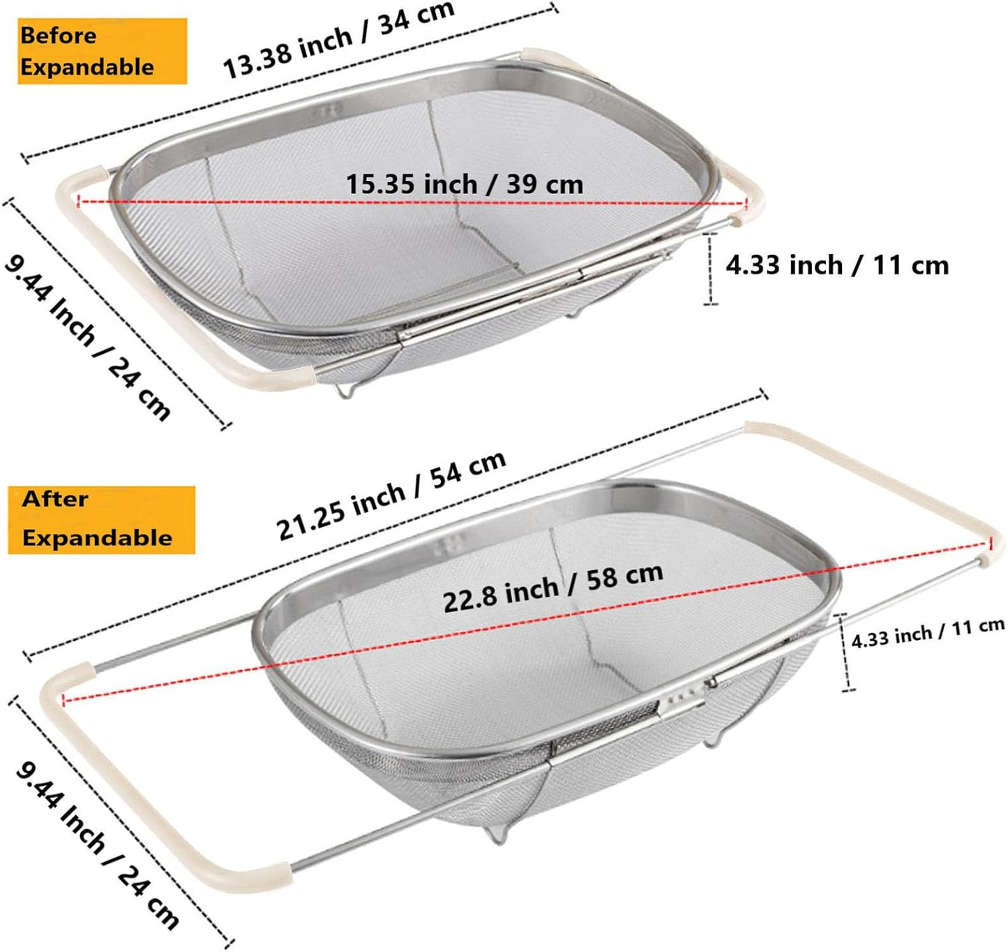 Over The Sink Colander, 6 Quarts Stainless Steel Oval Colander with Expandable Rubber Grip Handle, Fine Mesh Strainer Baskets Kitchen Colander for Strain, Drain, Rinse Vegetables, Fruits, Beige